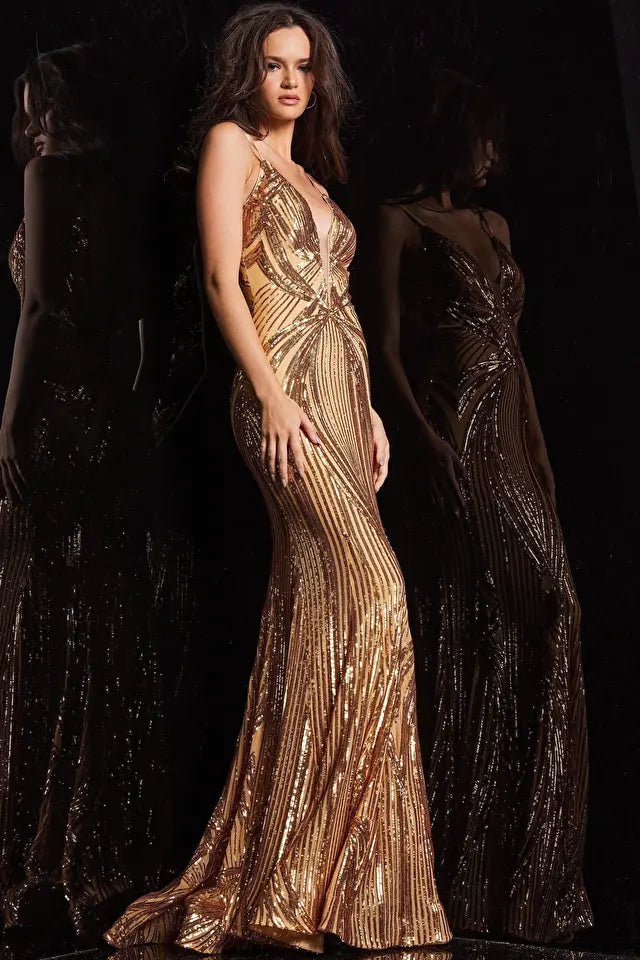 Jovani -09693 Sequined Plunging V-Neck Prom Dress