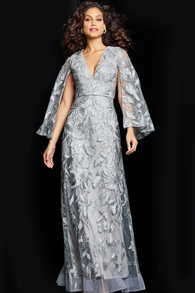 Jovani -09809 Split Sleeve Lace V-Neck Evening Dress