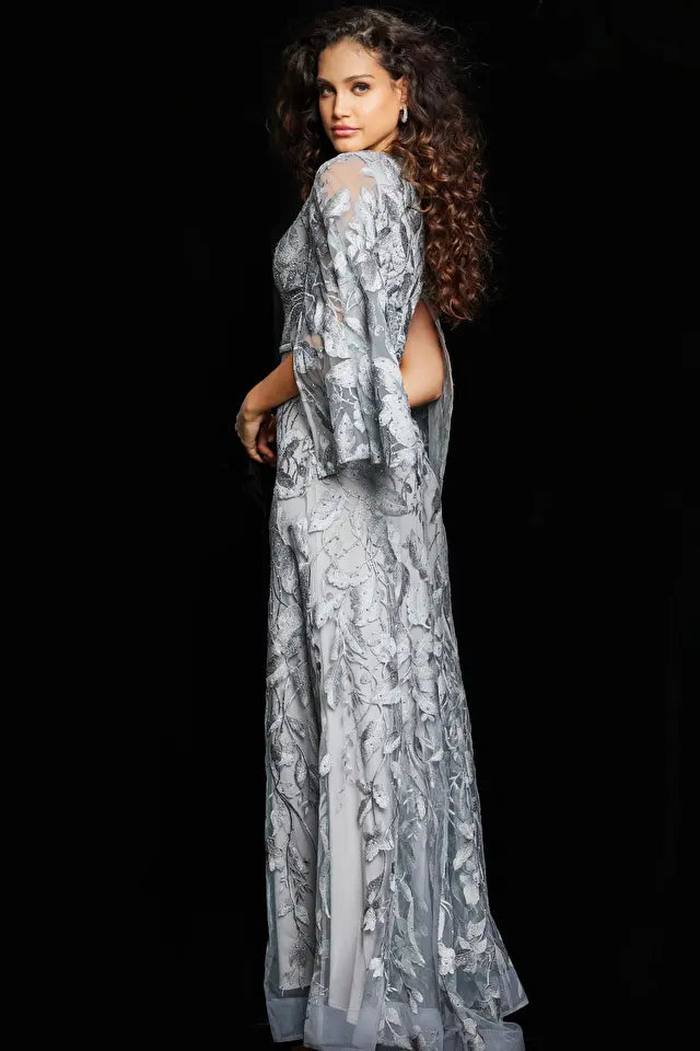 Jovani -09809 Split Sleeve Lace V-Neck Evening Dress