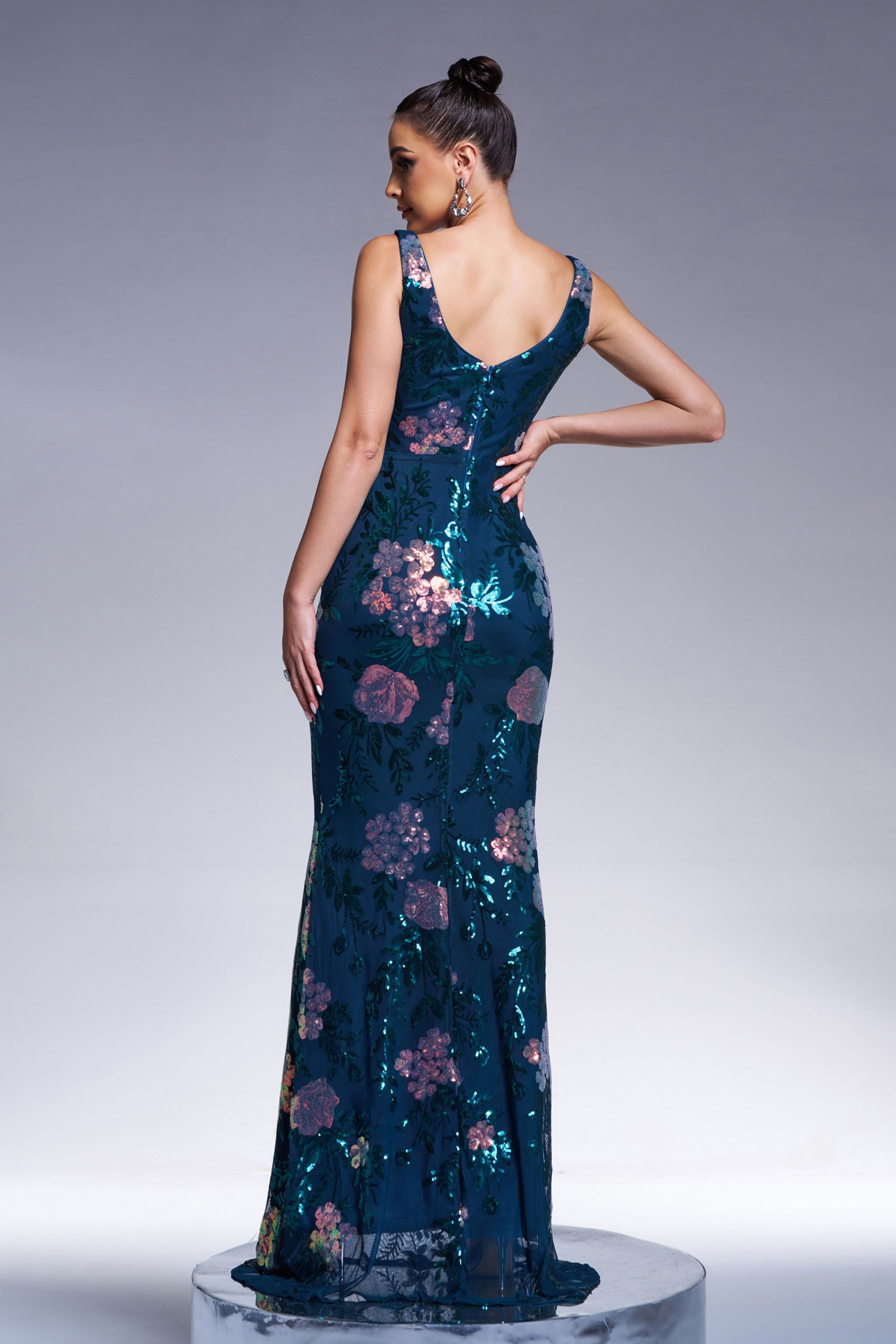 Azina -XJ1986 Floral Sleeveless Sequin Evening Dress
