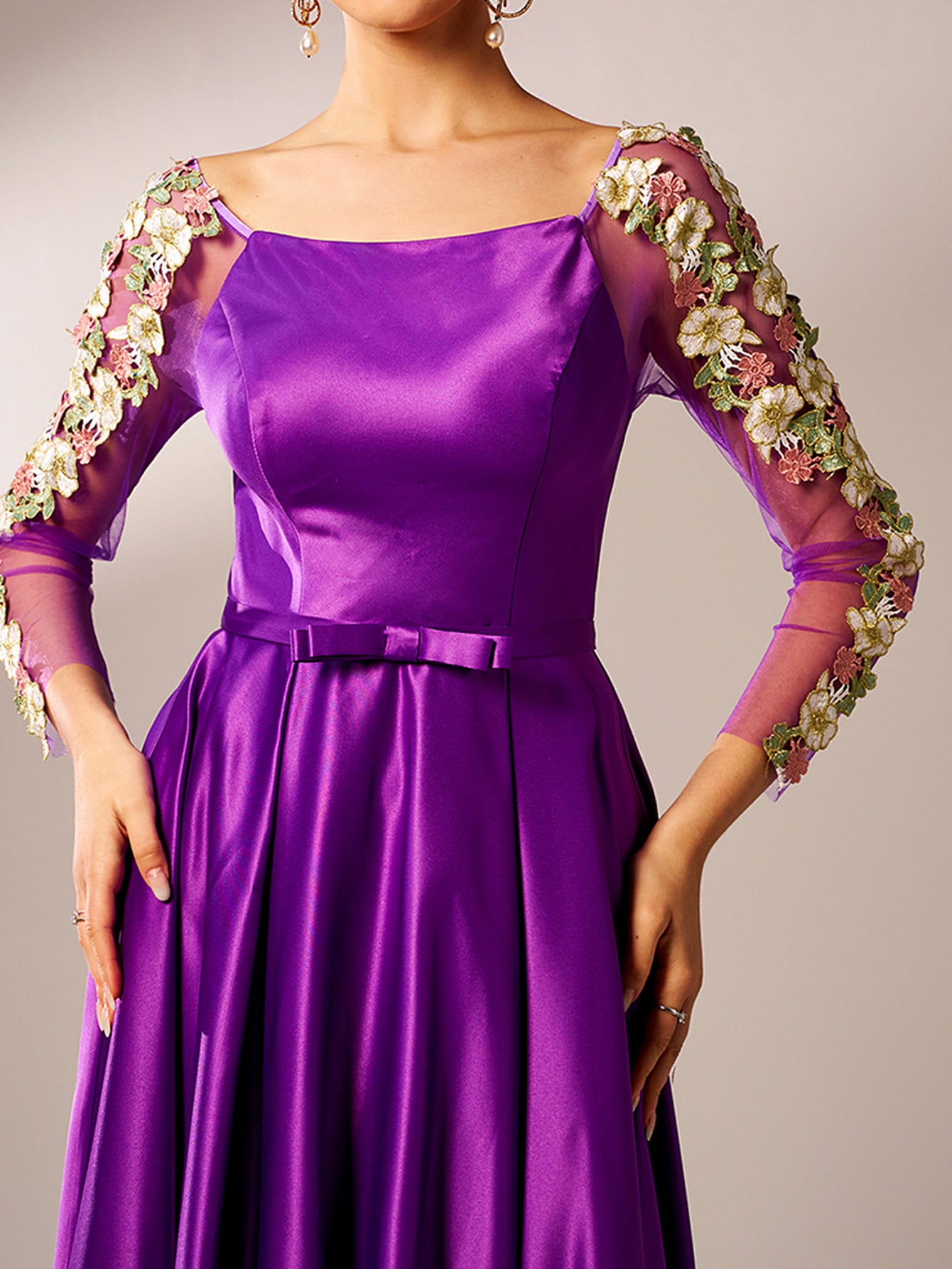 Azina -GM90144 Long Sleeve Square Satin A-line Gown