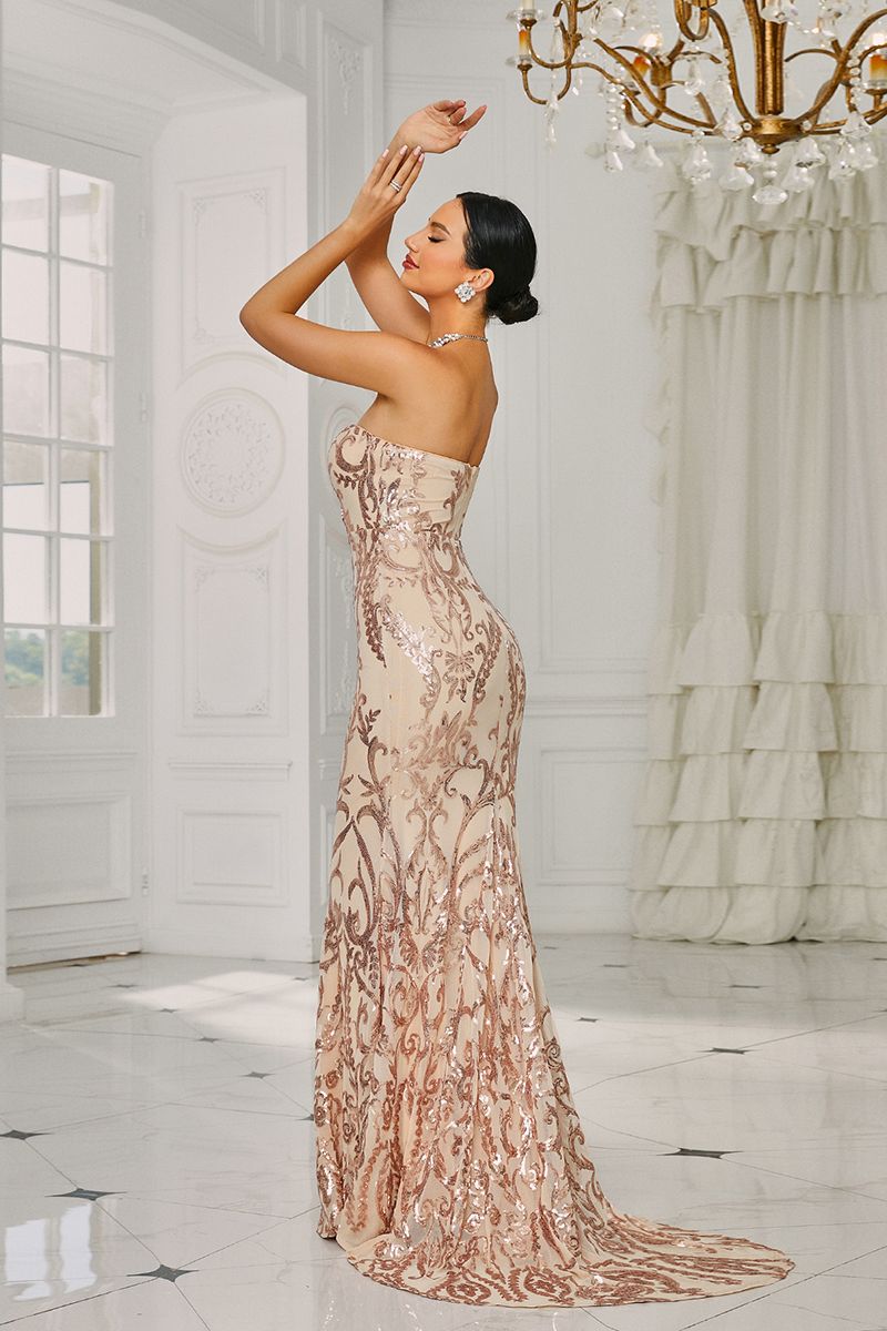 Azina -XH1342 Sequin Fitted Straight Long Gown