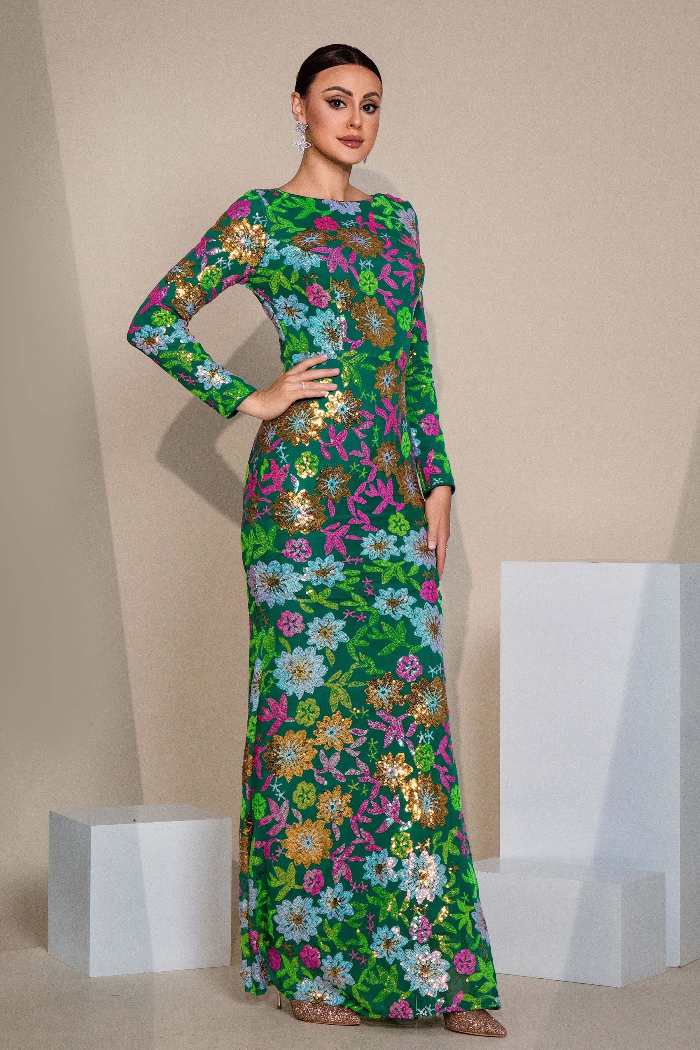 Azina -RJ10987 Long Sleeved Sequin Mermaid Evening Dress