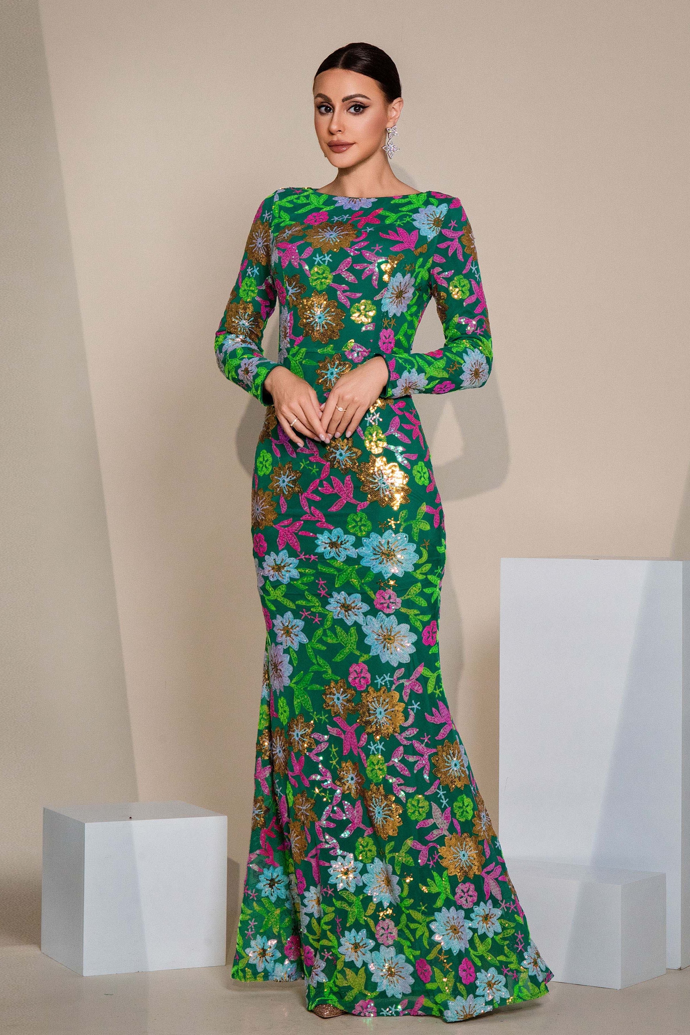 Azina -RJ10987 Long Sleeved Sequin Mermaid Evening Dress