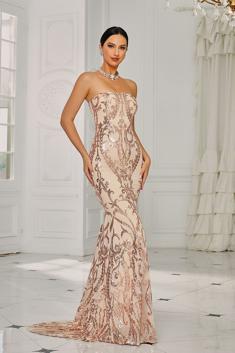 Azina -XH1342 Sequin Fitted Straight Long Gown