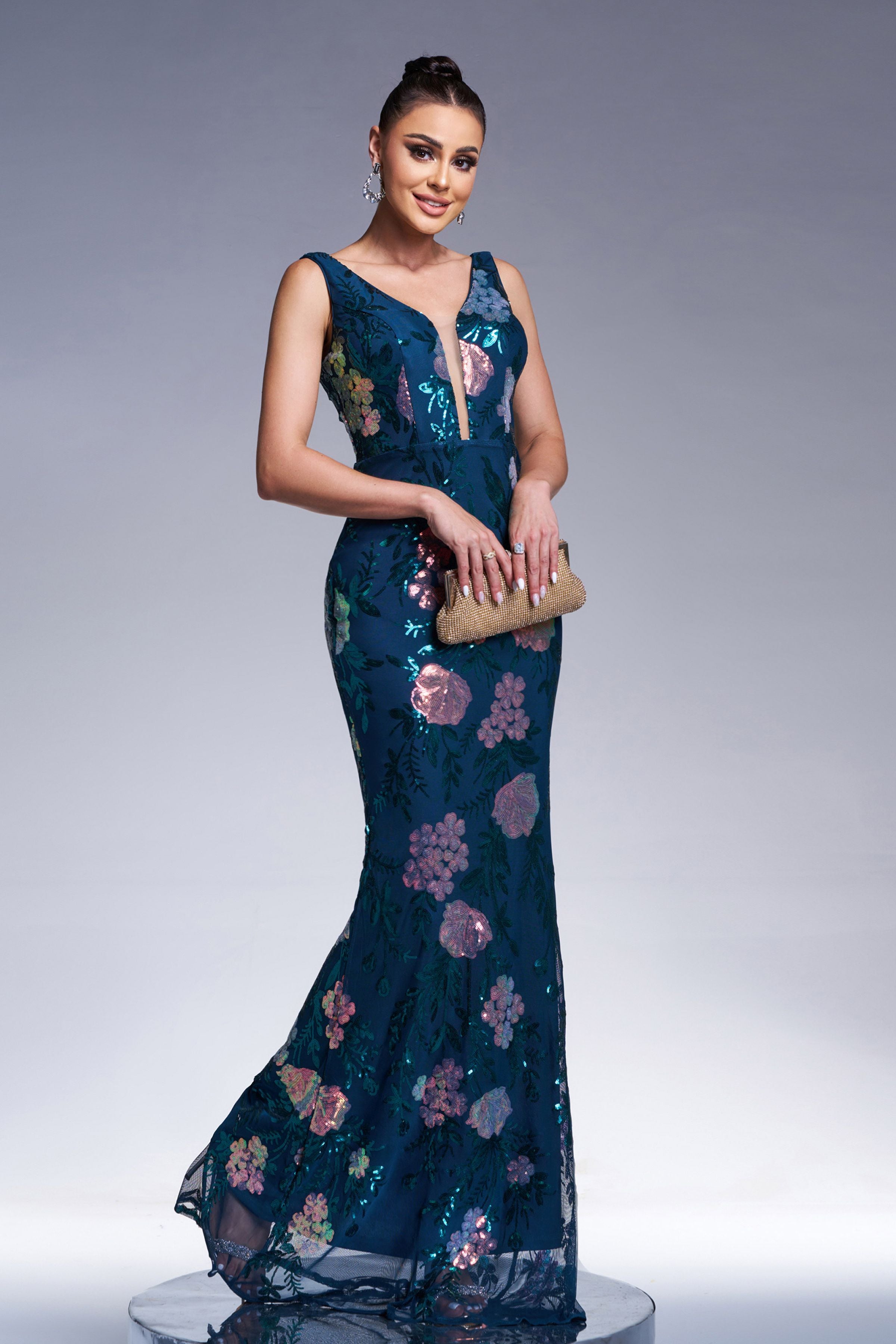 Azina -XJ1986 Floral Sleeveless Sequin Evening Dress