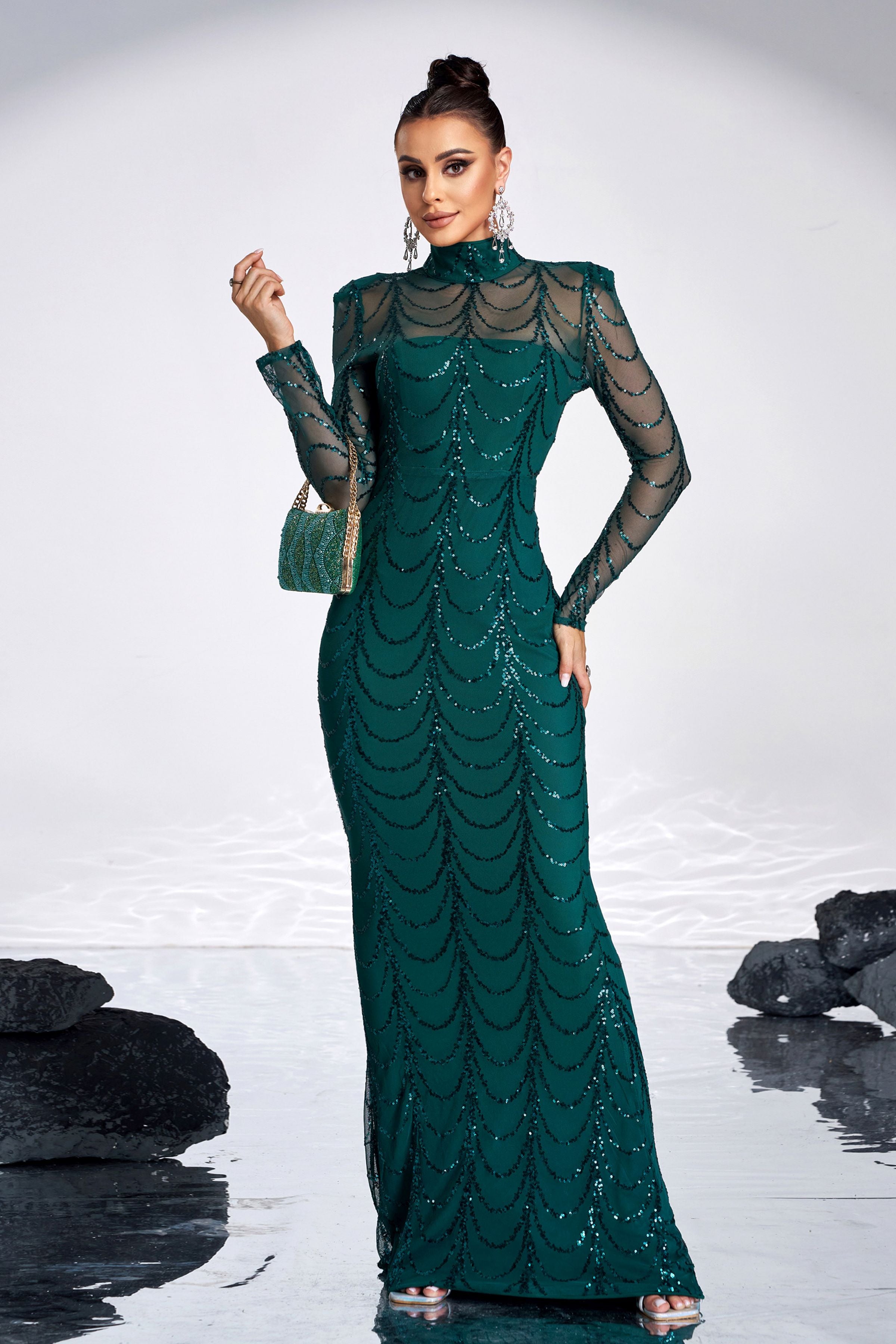 Azina -M0032 Mock-Neck Sequin Mesh Prom Dress