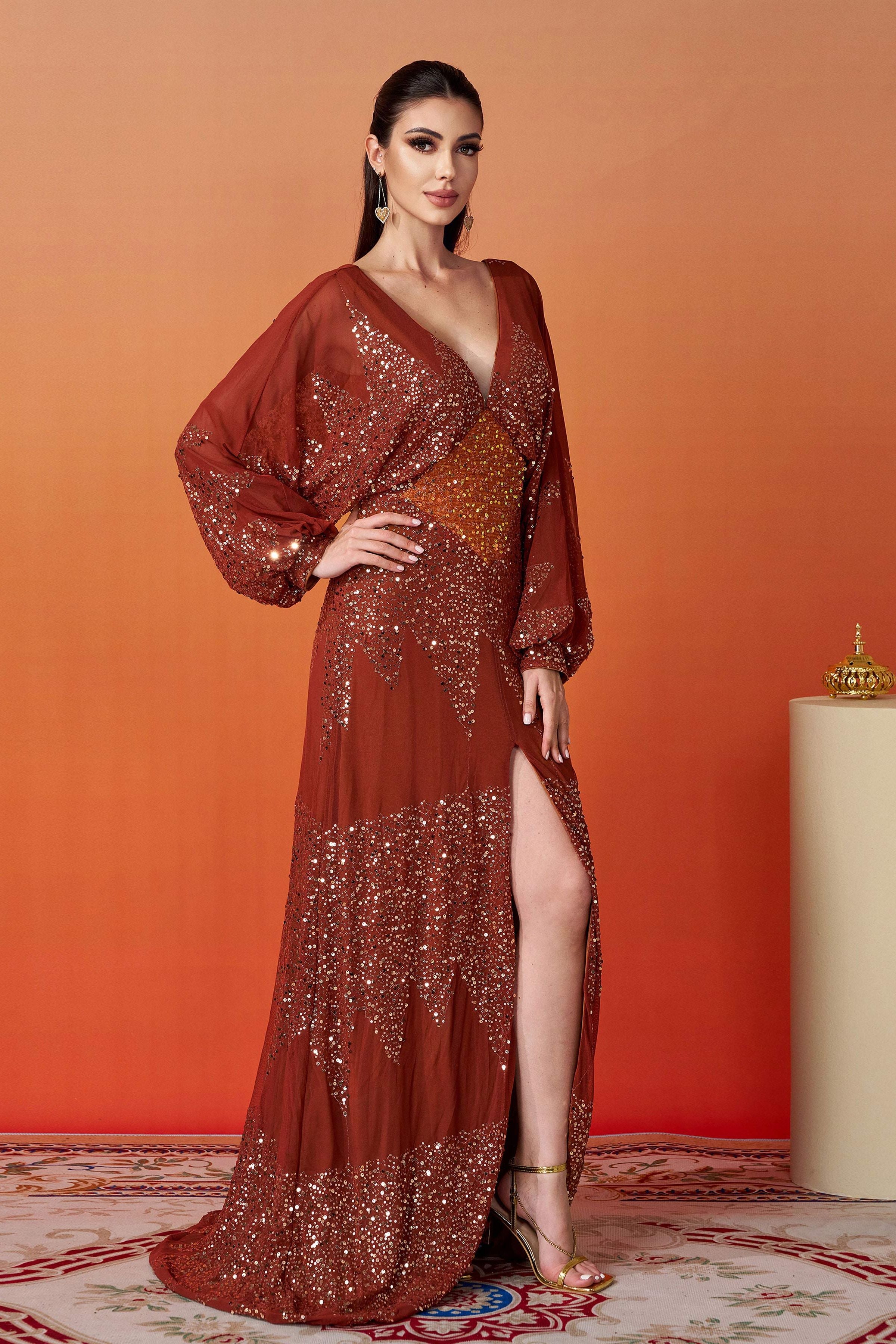 Azina -RM21107 V-Neck Sleeve Sequin Gown