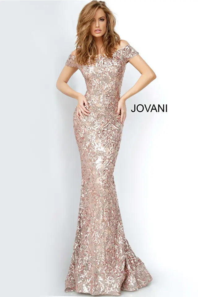 Jovani -1122B Sequined Off-Shoulder Sheath Dress