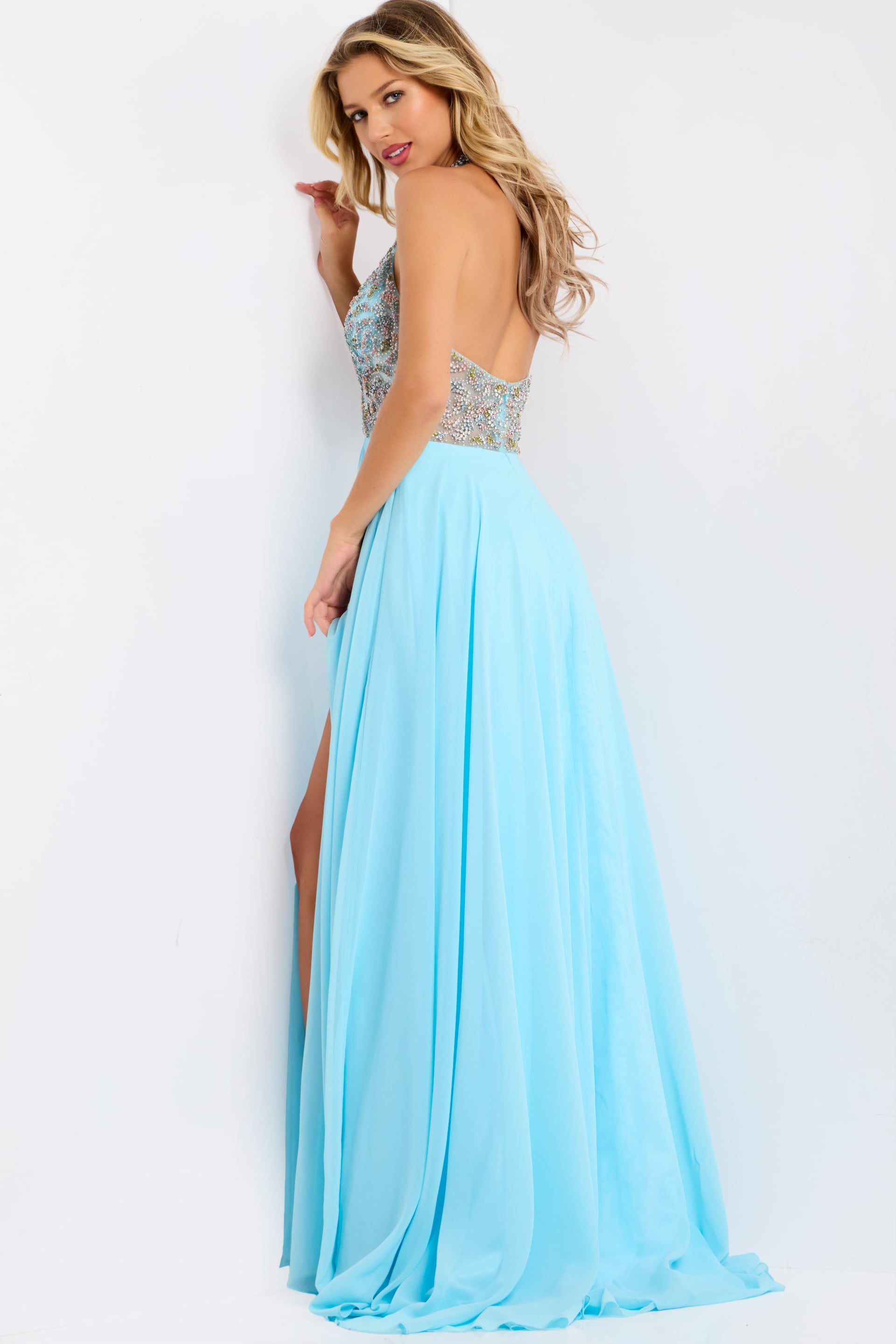 Jovani -48300 Halter Beaded A Line Chiffon Gown