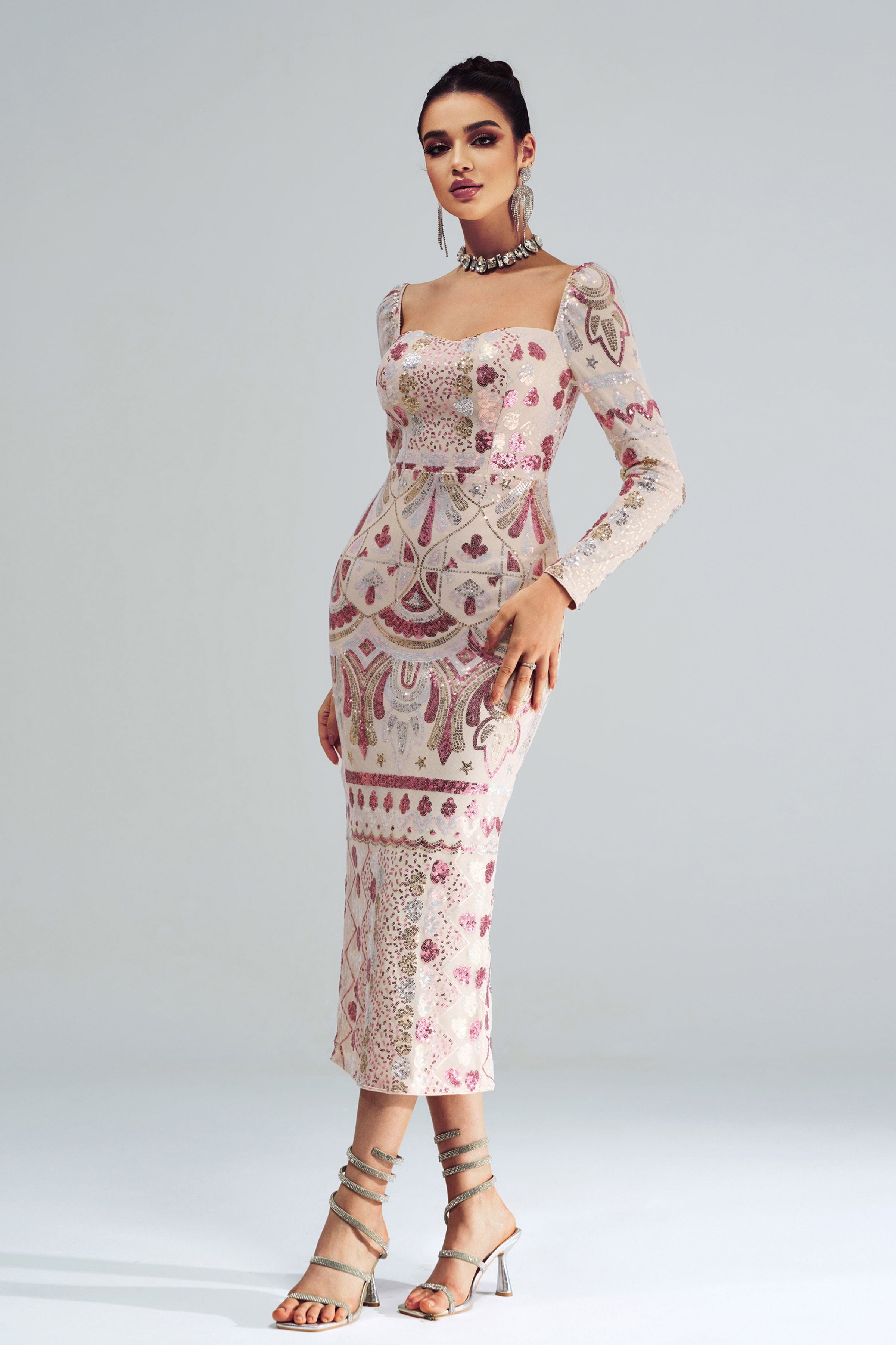 Azina -RM20830 Square Neck Long Sleeve Sequin Dress