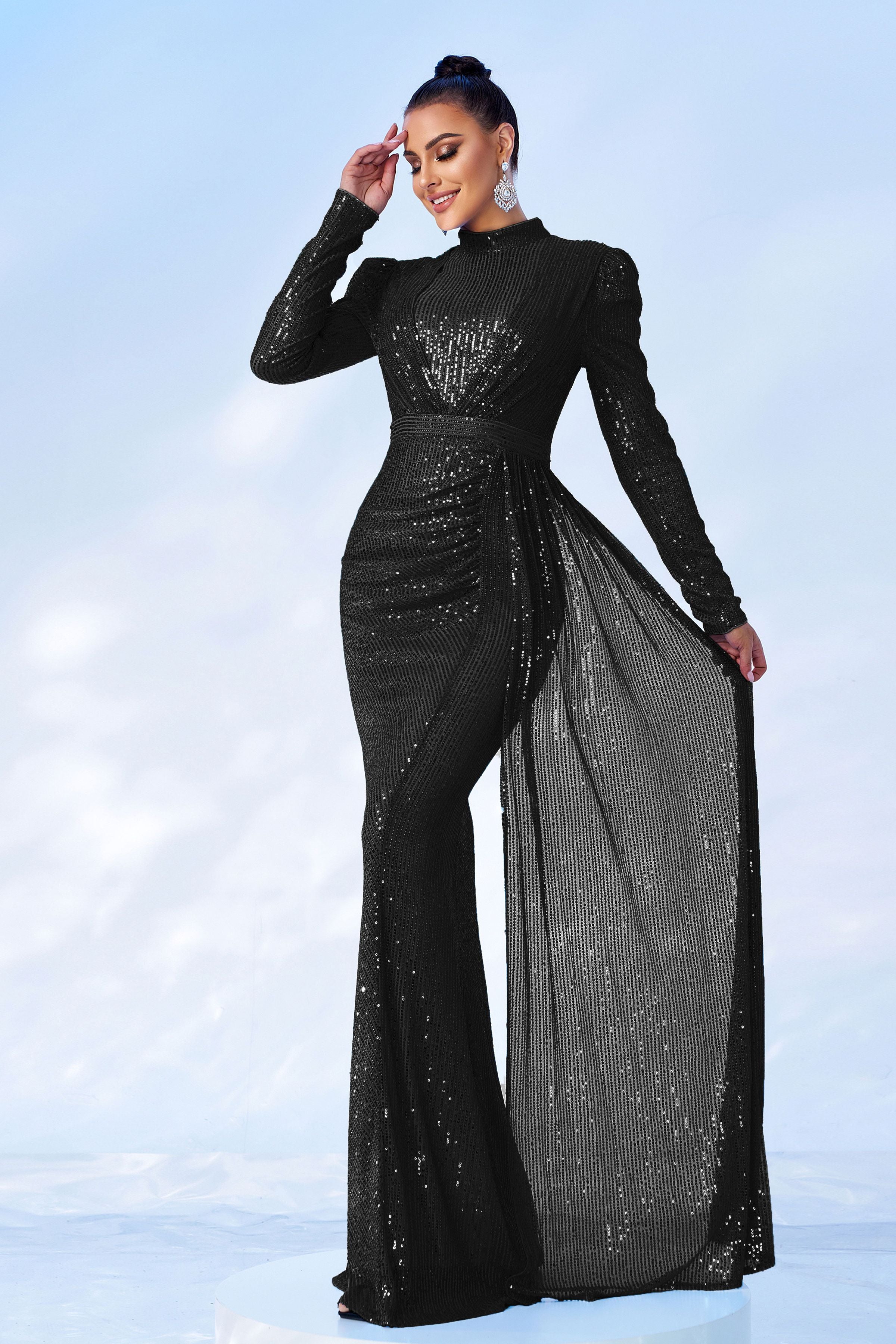 Azina -RJ11834 Long Sleeve Round Neck Sequined Dress