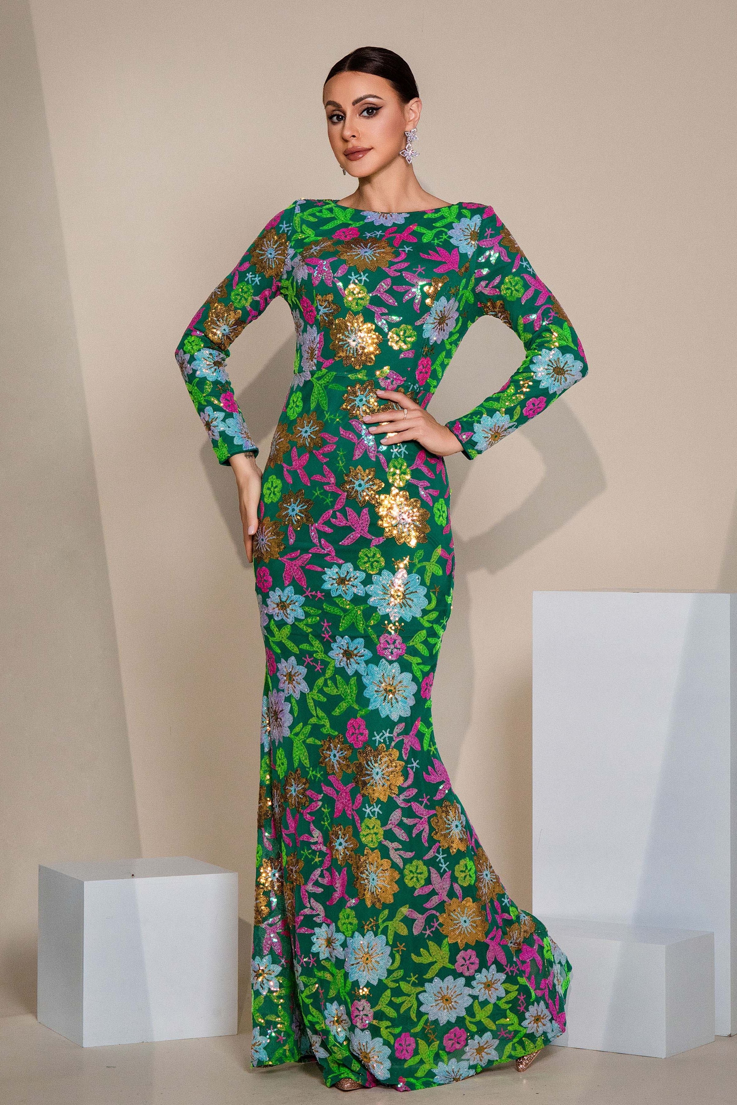 Azina -RJ10987 Long Sleeved Sequin Mermaid Evening Dress