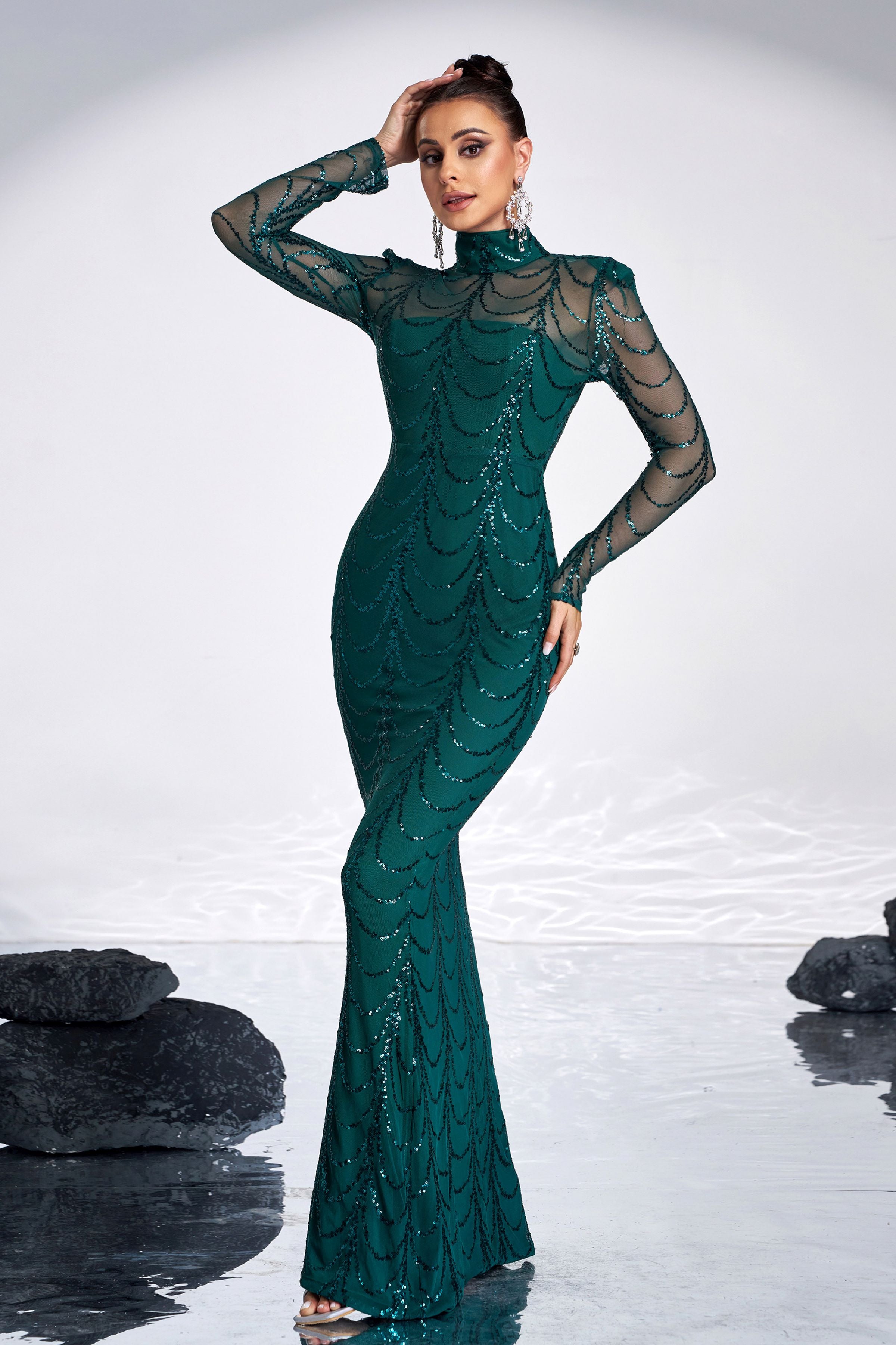 Azina -M0032 Mock-Neck Sequin Mesh Prom Dress