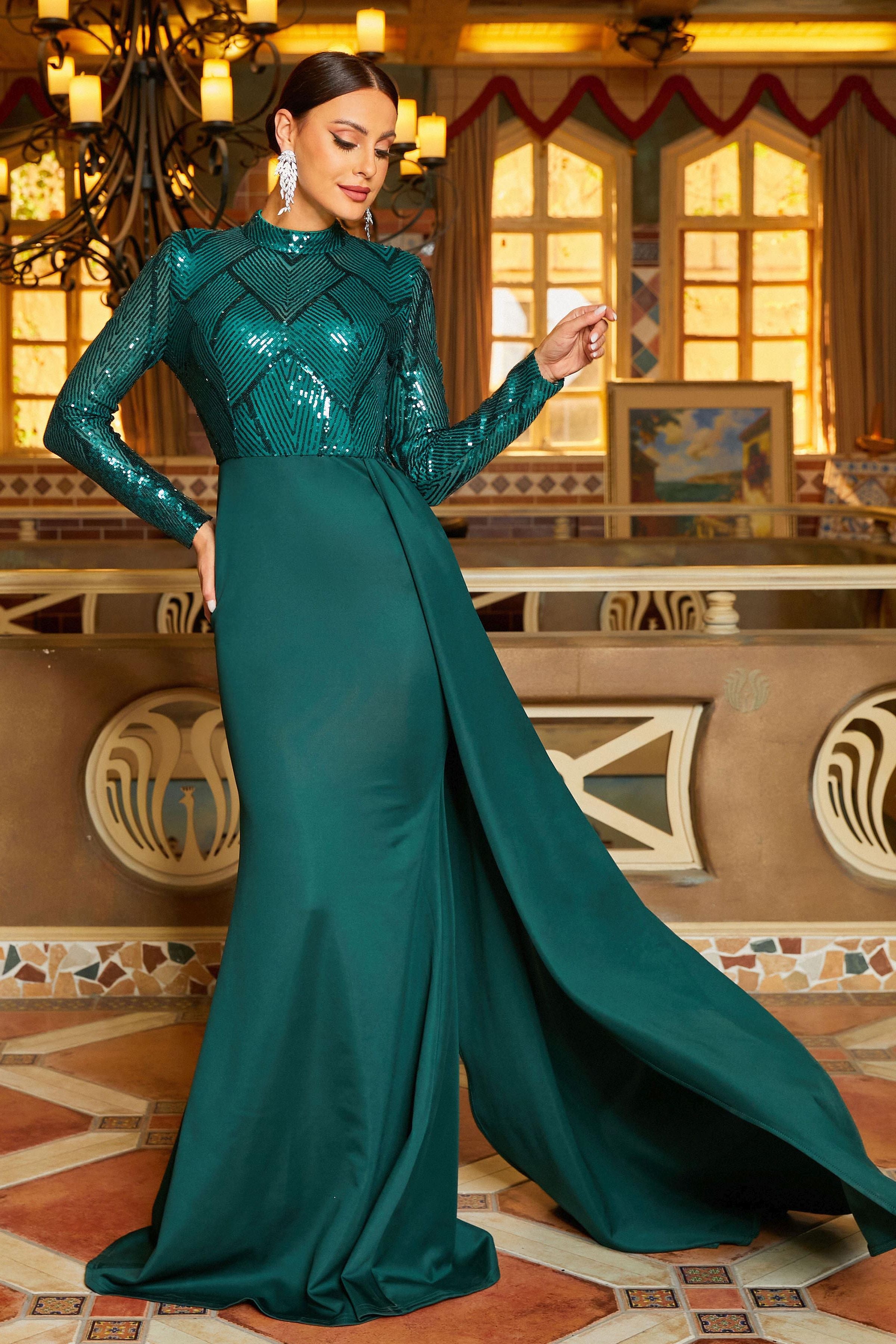 Azina -M02153 High Neck Sequins Long Sleeve Party Dress