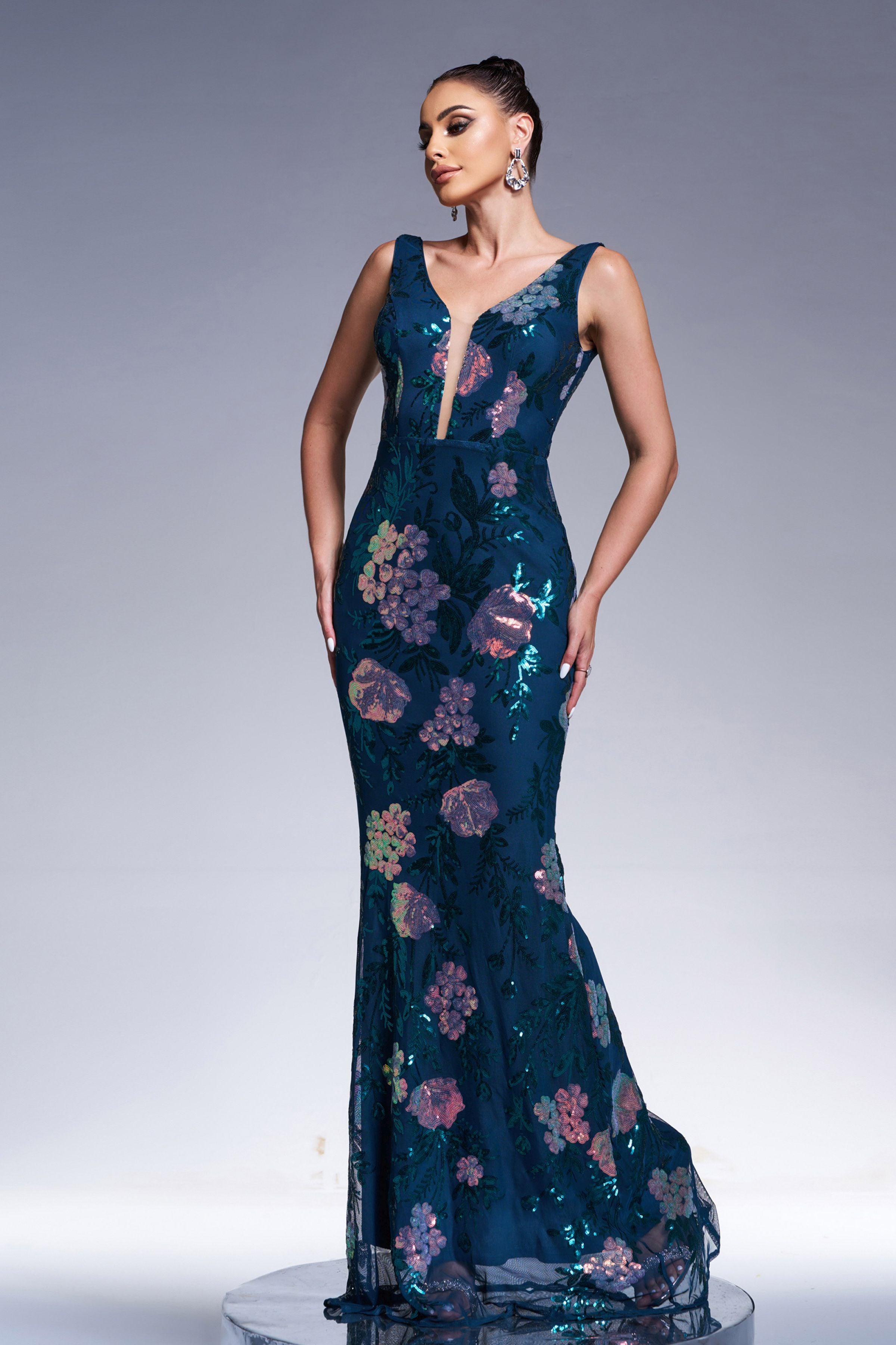 Azina -XJ1986 Floral Sleeveless Sequin Evening Dress
