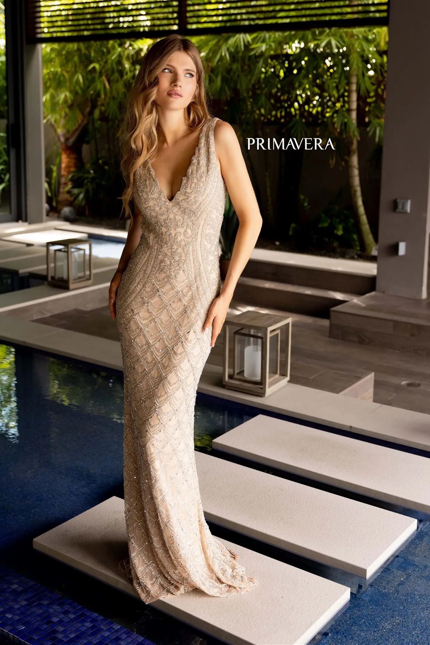 Primavera Couture -12102 Sequin Beaded V-Neck Sheath Dress