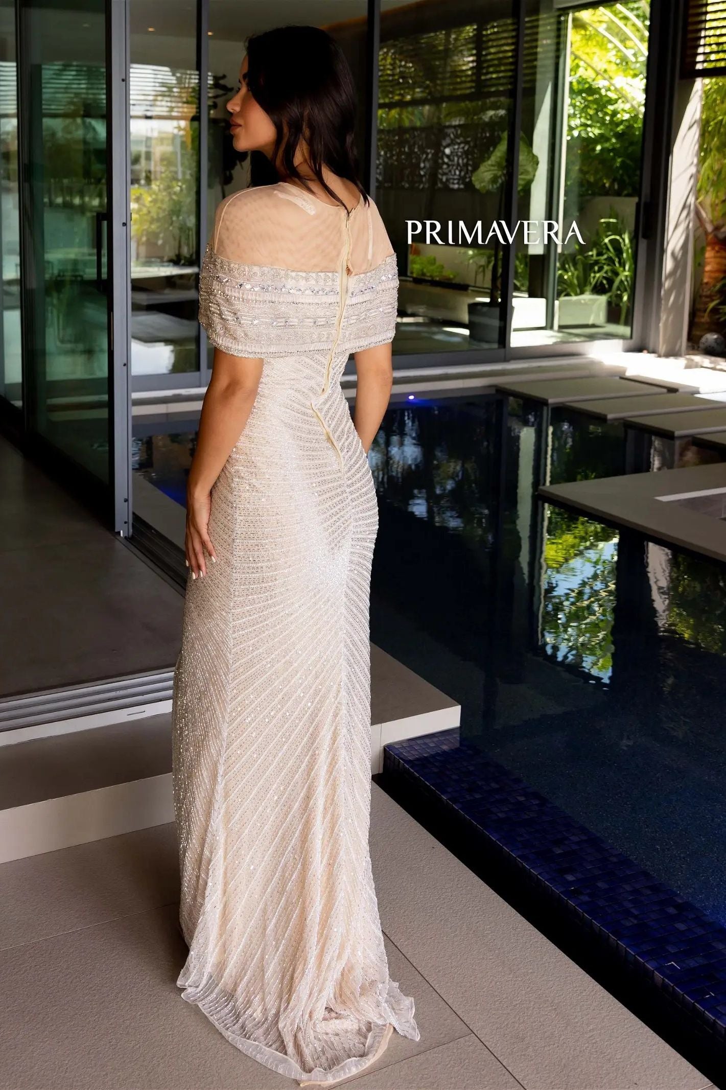 Primavera Couture -12124 Beaded Illusion Prom Column Dress