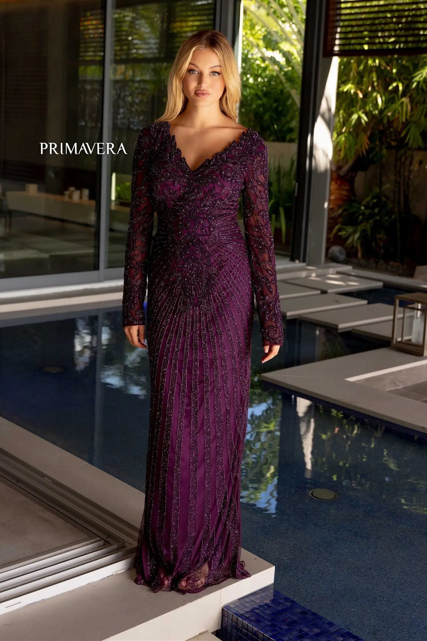 Primavera Couture -12154 V-Neck Sequin Beaded Evening Dress
