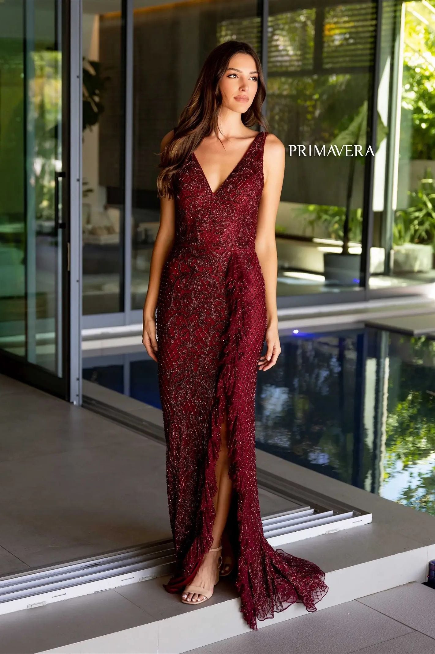 Primavera Couture -12160 V-Neck Sequin Beaded Evening Dress