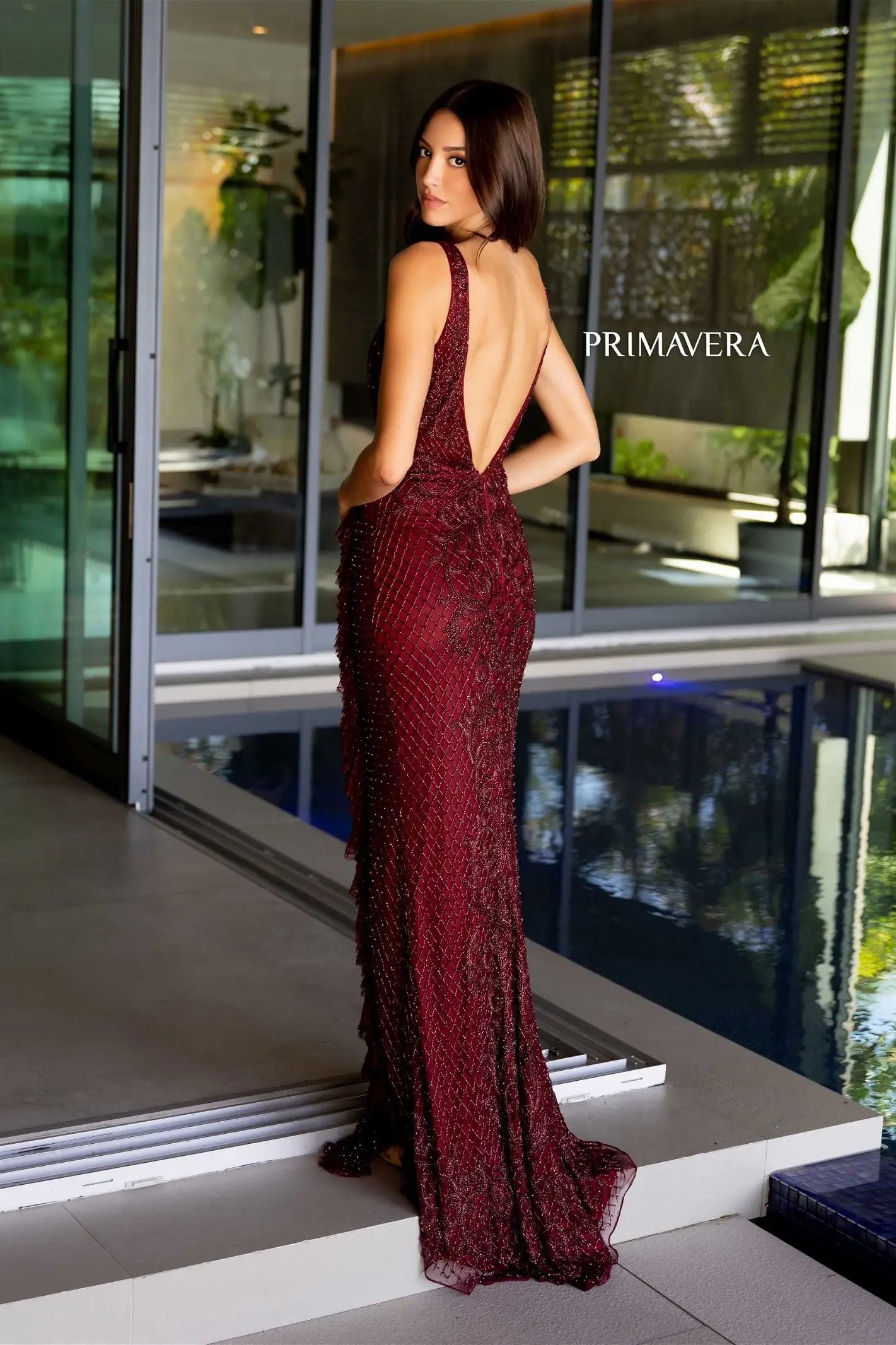 Primavera Couture -12160 V-Neck Sequin Beaded Evening Dress