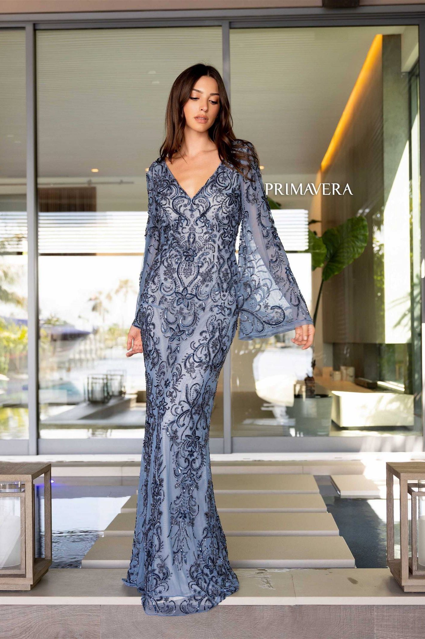 Primavera Couture -12164 V-Neck Sequin Beaded Evening Dress