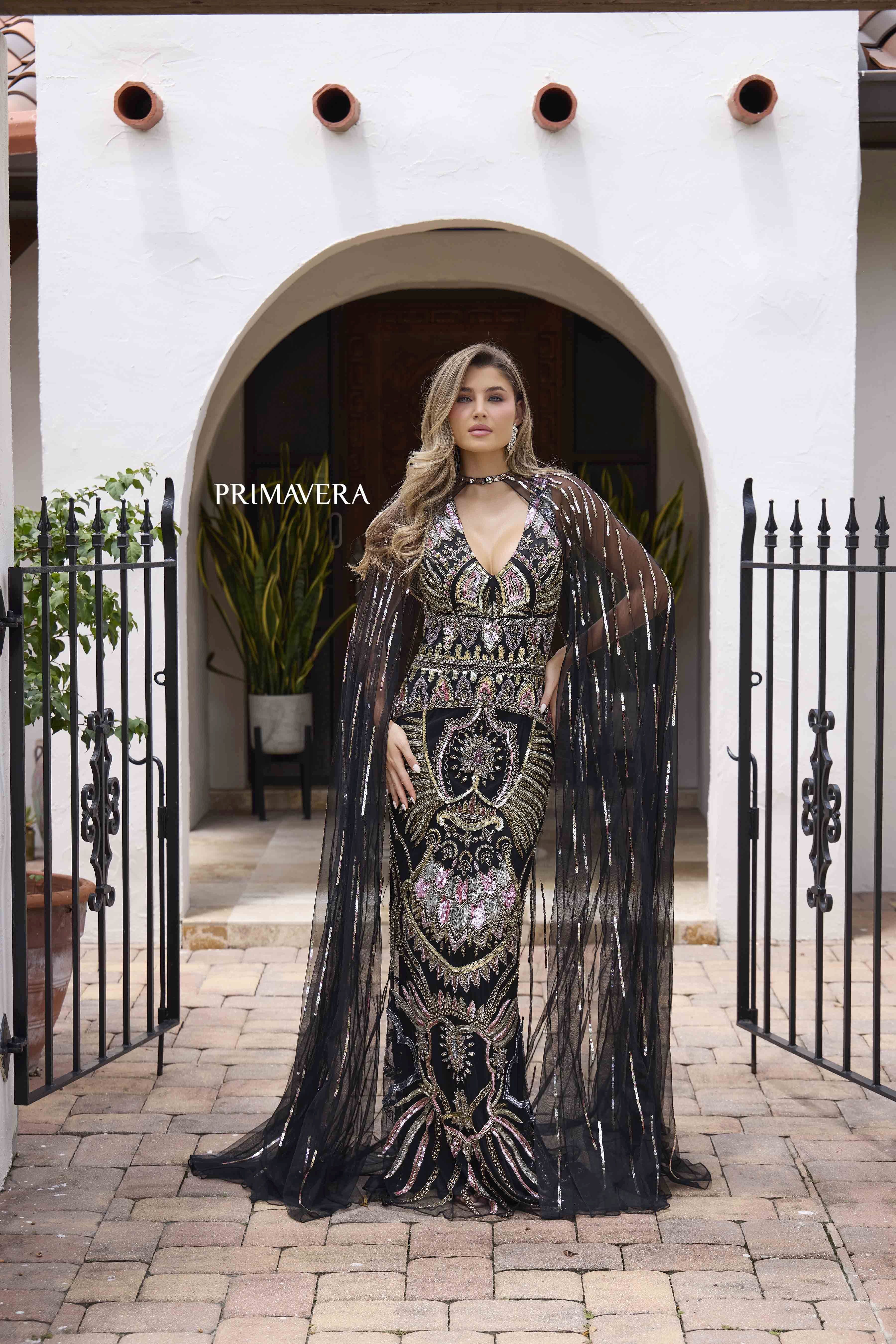 Primavera Couture -12177 Long Embroidered V Neck Evening Gown