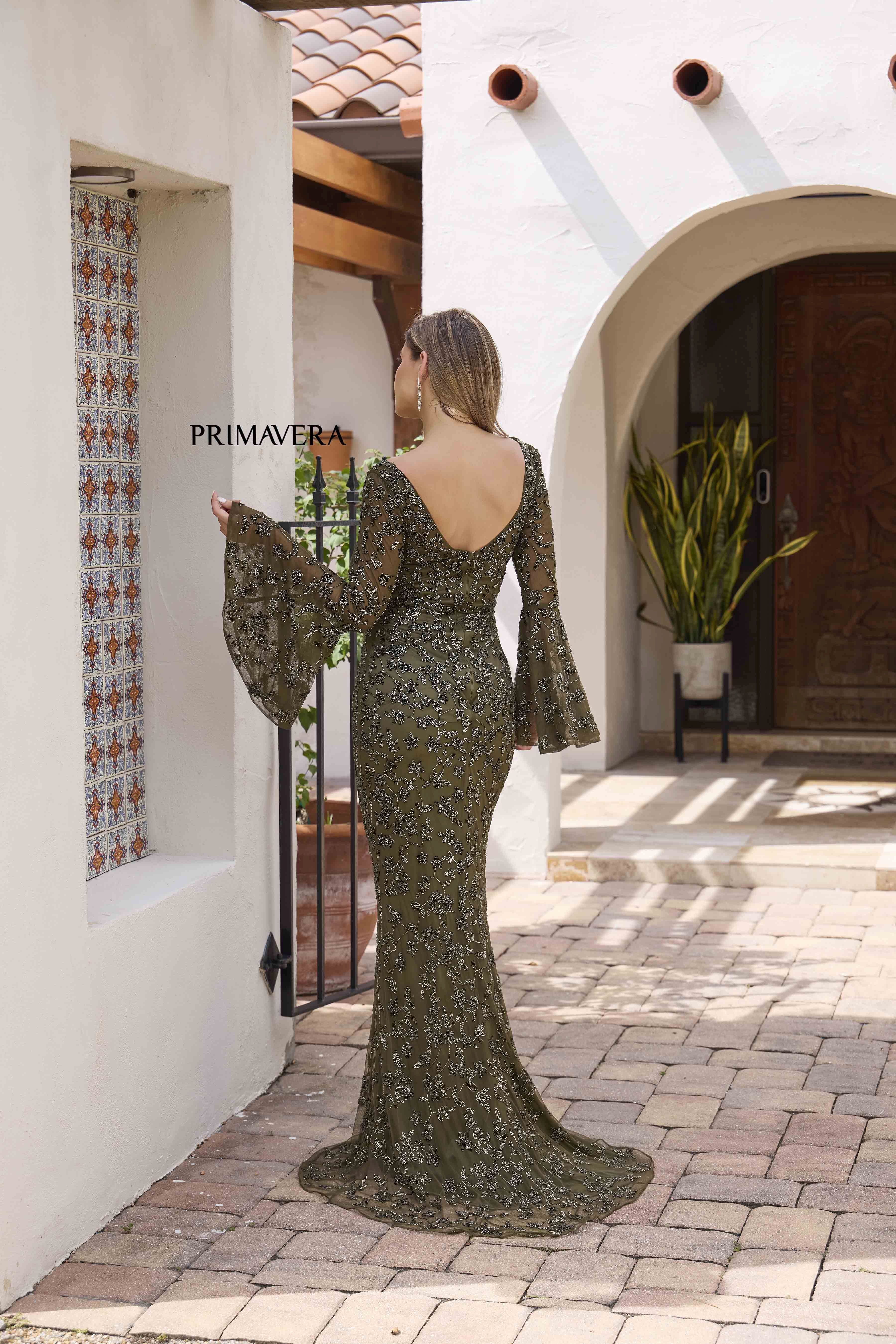 Primavera Couture -12185 Bell Sleeve V-Neck Beaded Evening Gown