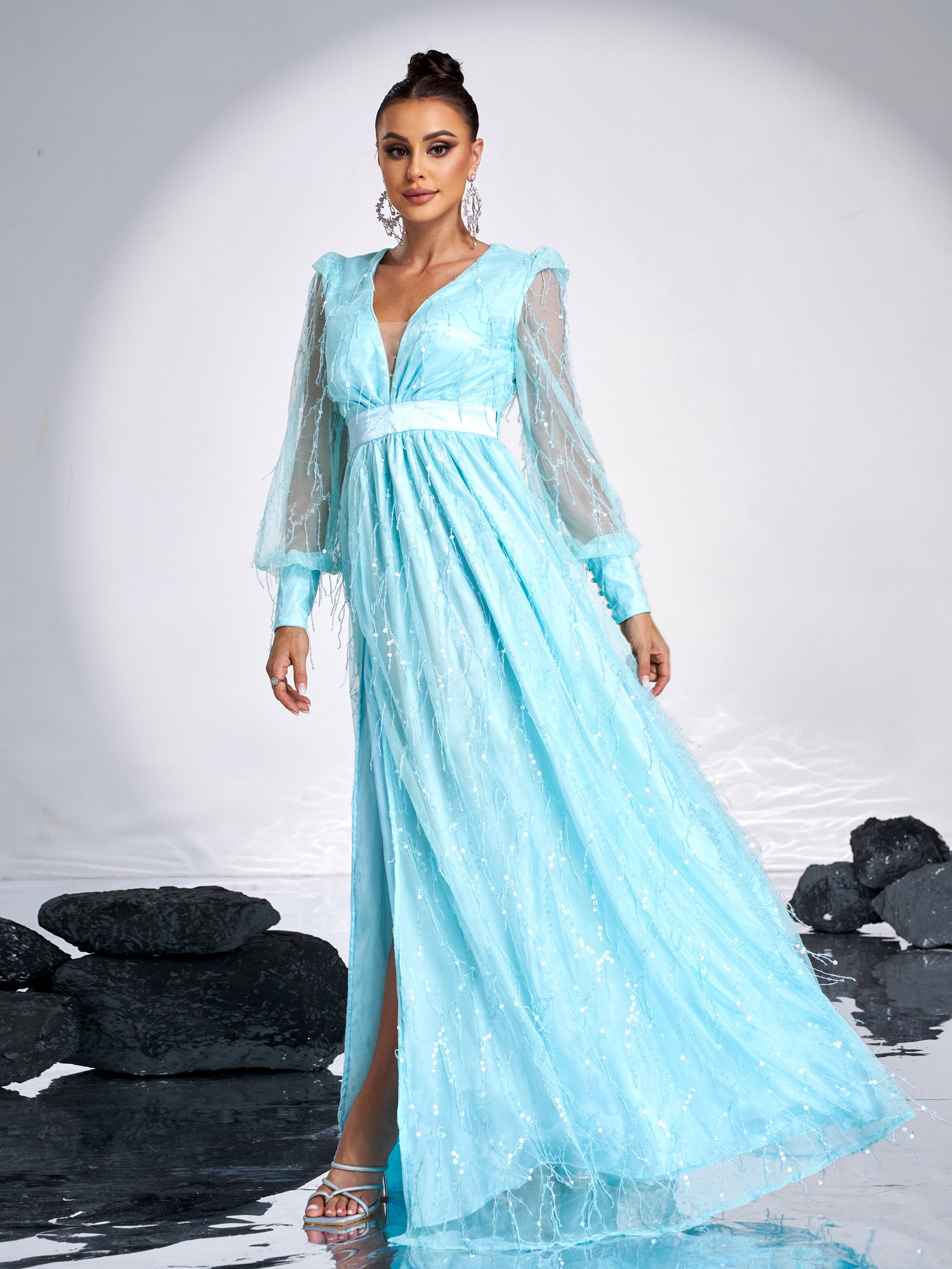 Azina -M02086 V-Neck A-Line Long Gown