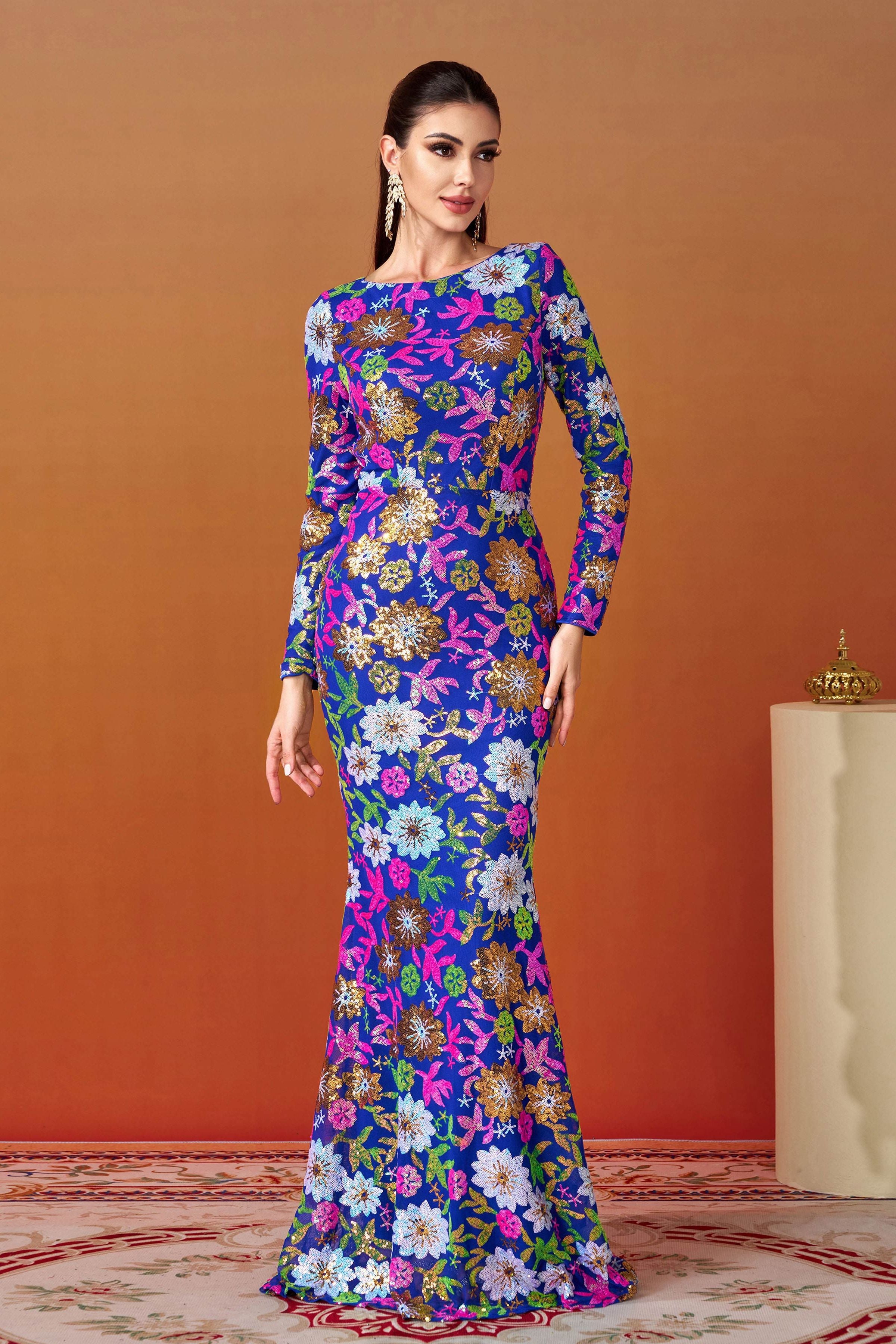 Azina -RJ10987 Long Sleeved Sequin Mermaid Evening Dress