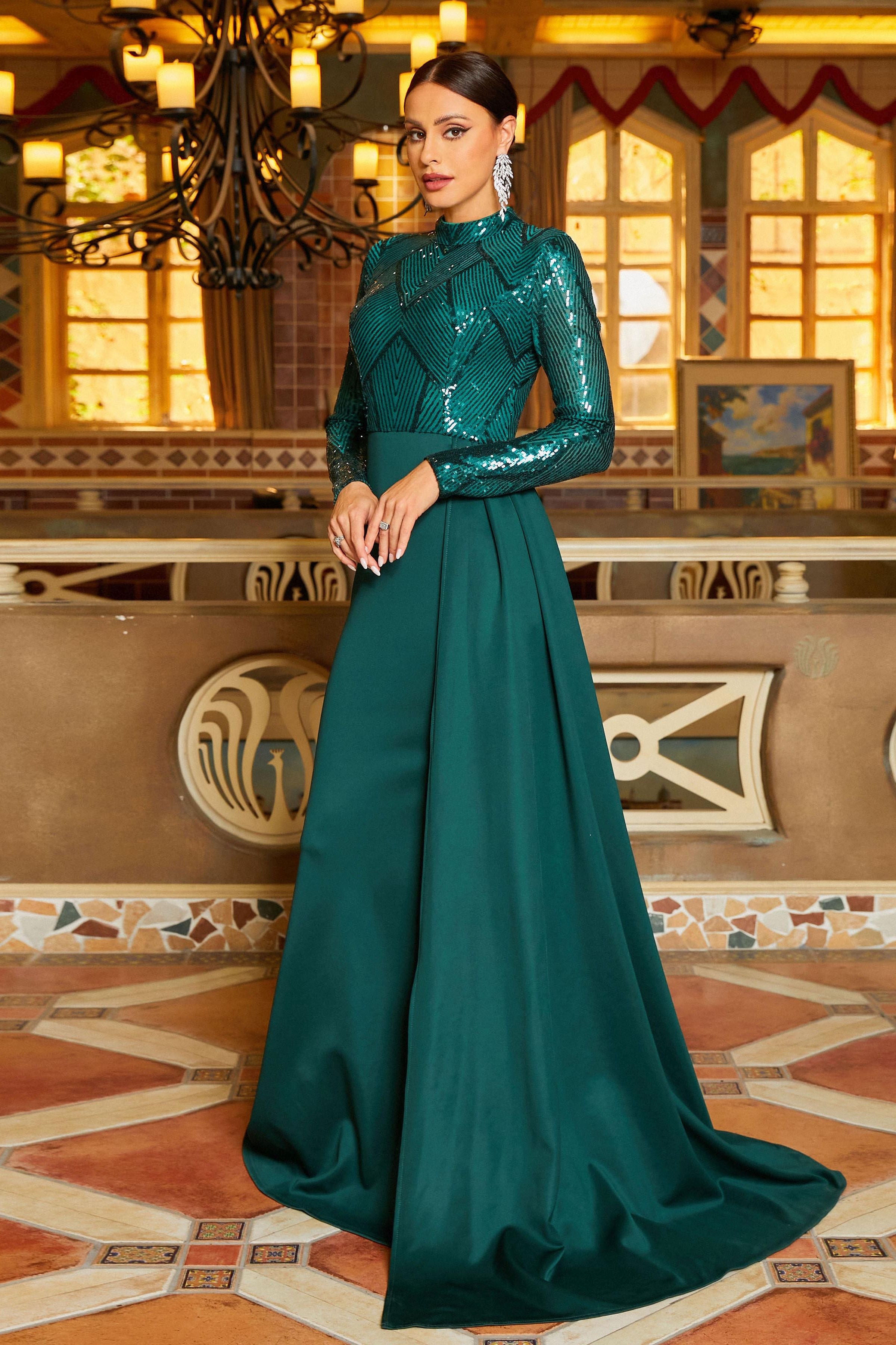 Azina -M02153 High Neck Sequins Long Sleeve Party Dress