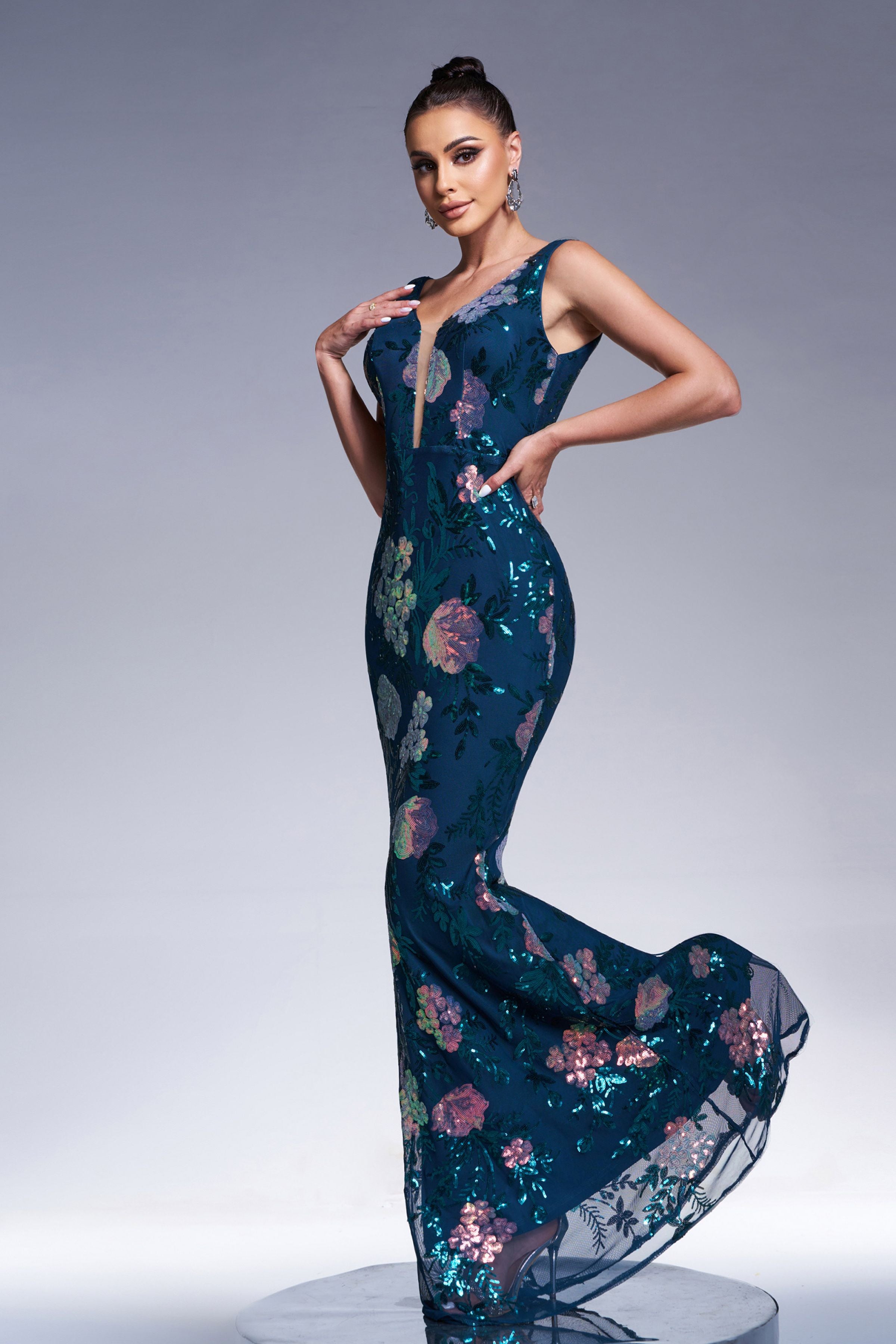 Azina -XJ1986 Floral Sleeveless Sequin Evening Dress
