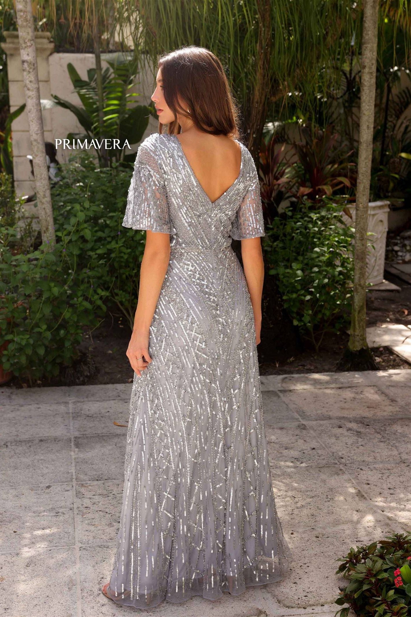 Primavera Couture -13119 V-Neck Sequin Beaded A-Line Dress.