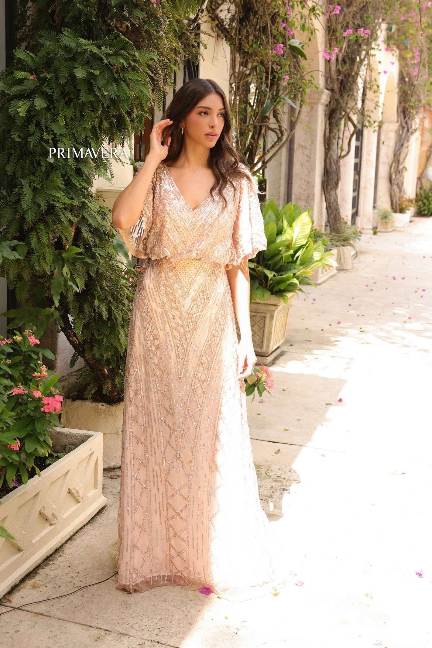 Primavera Couture -13119 V-Neck Sequin Beaded A-Line Dress.