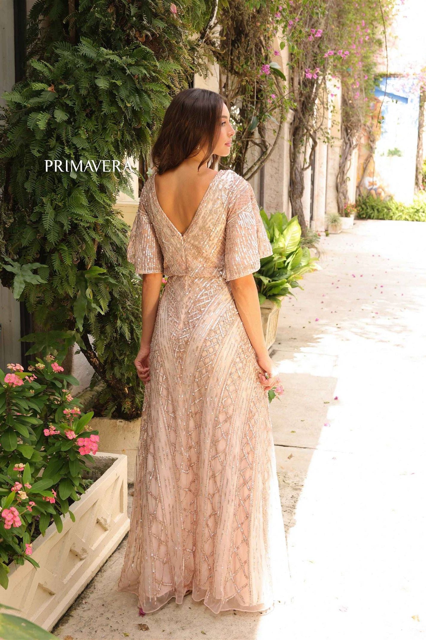 Primavera Couture -13119 V-Neck Sequin Beaded A-Line Dress.