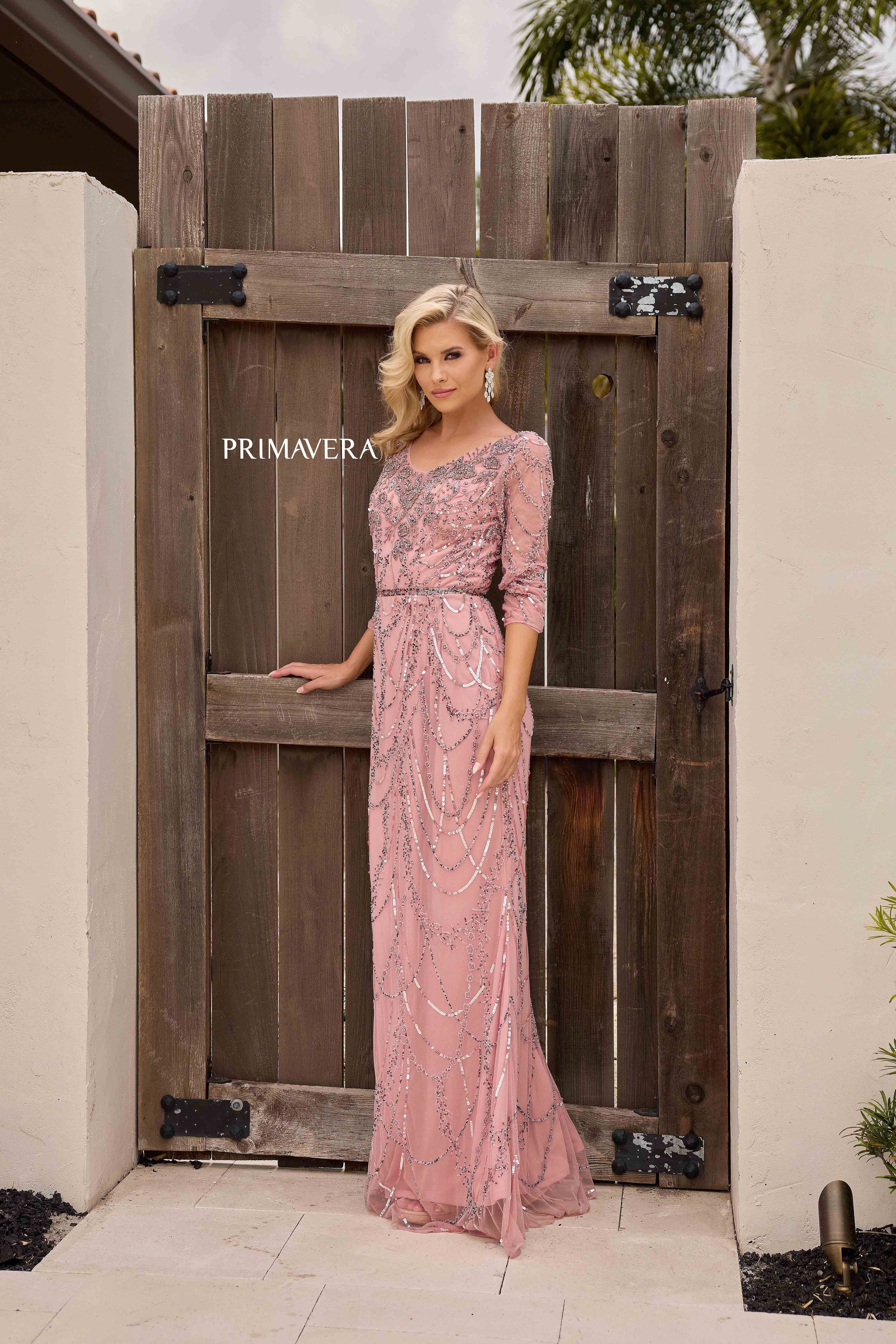 Primavera Couture -13156  Quarter-length sleeves V-Neck Evening Dress