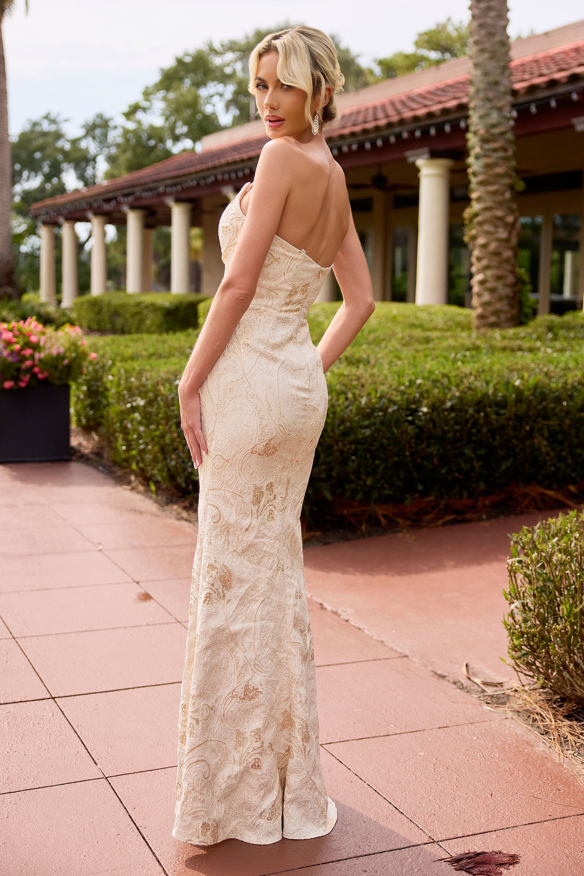 Primavera Couture -13163 Backless off shoulder straight neck mermaid gown