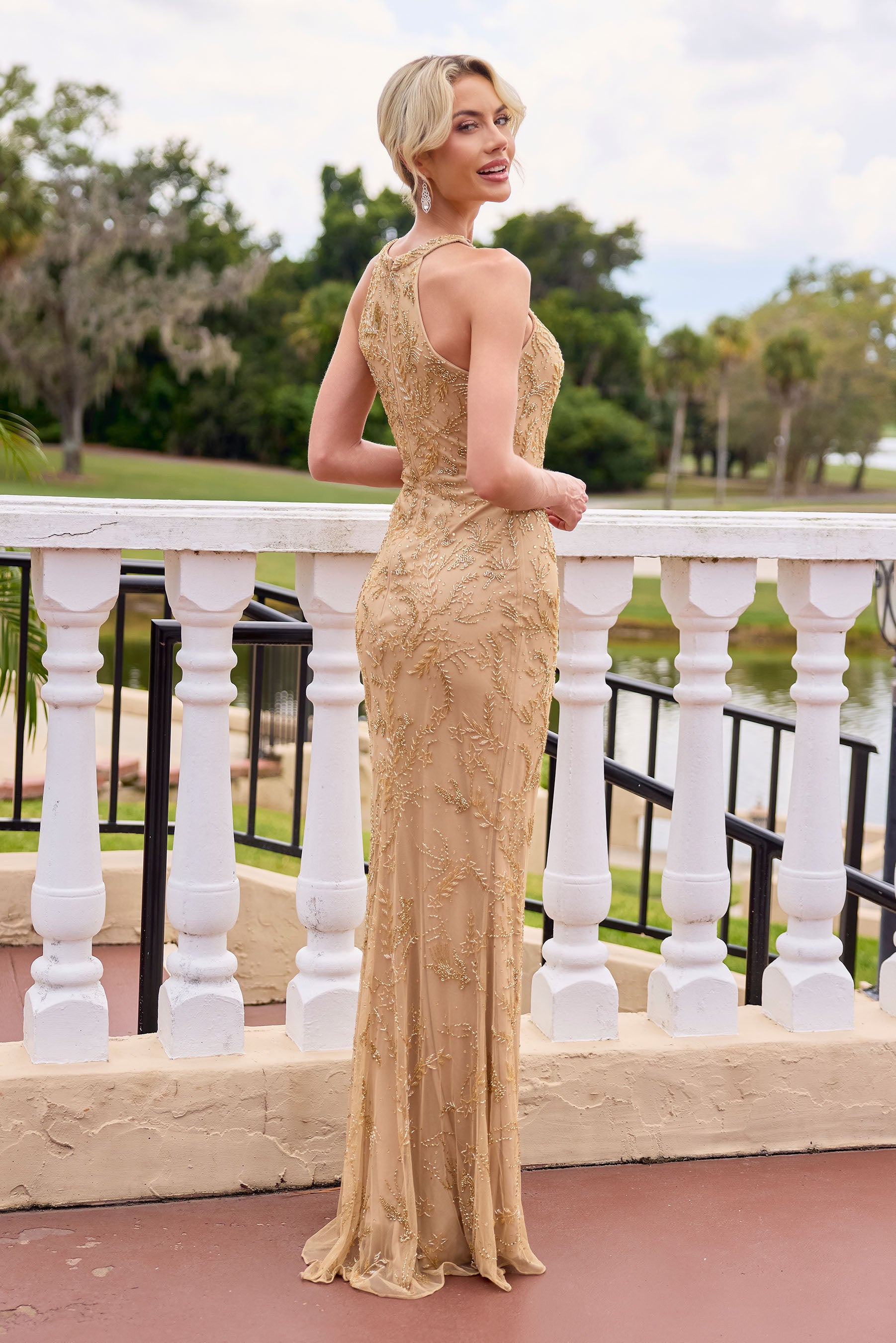 Primavera Couture -13166 Halter neck gown with beaded and rhinestone work