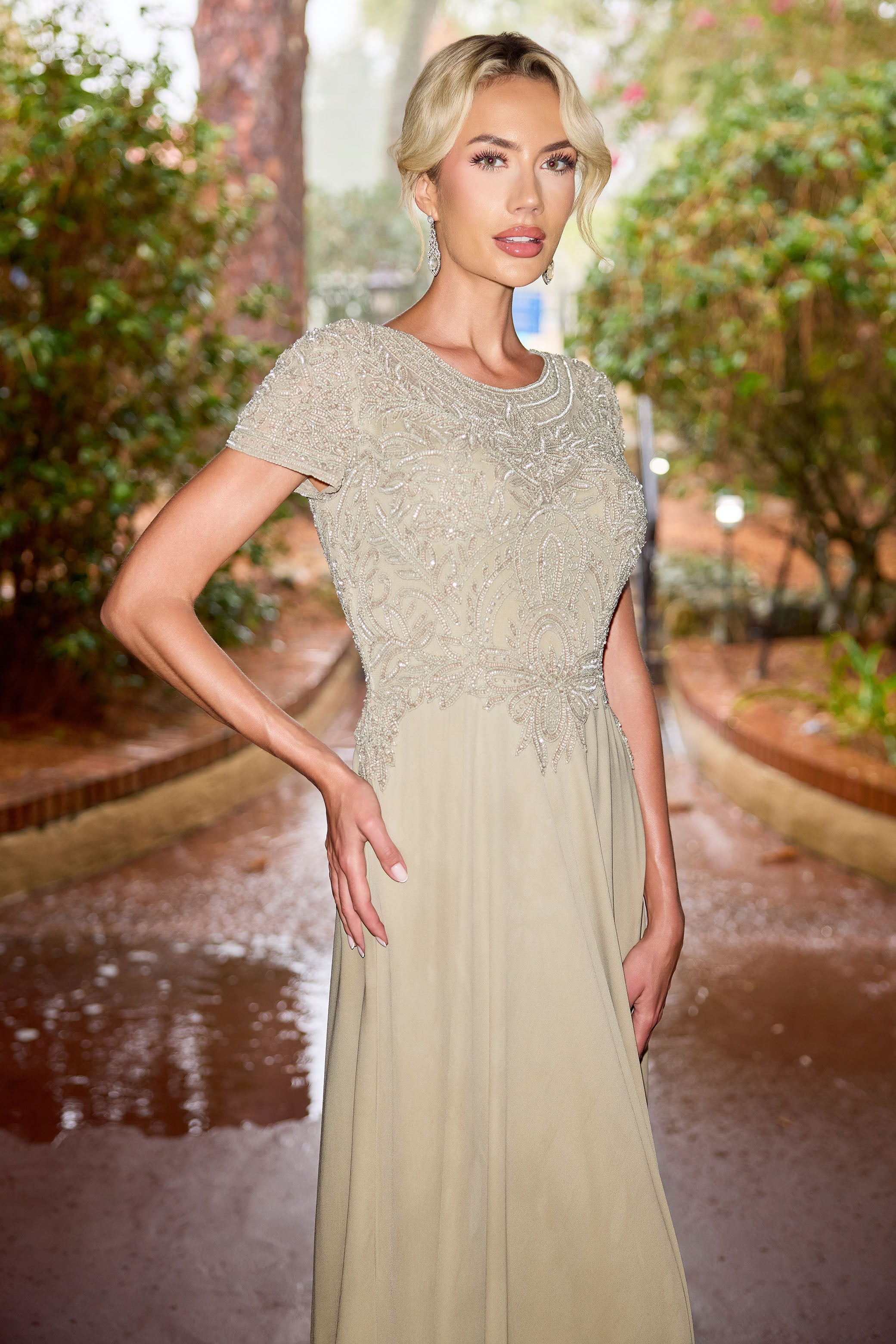 Primavera Couture -13169 Round neck A line gown with Sequin and beaded work.
