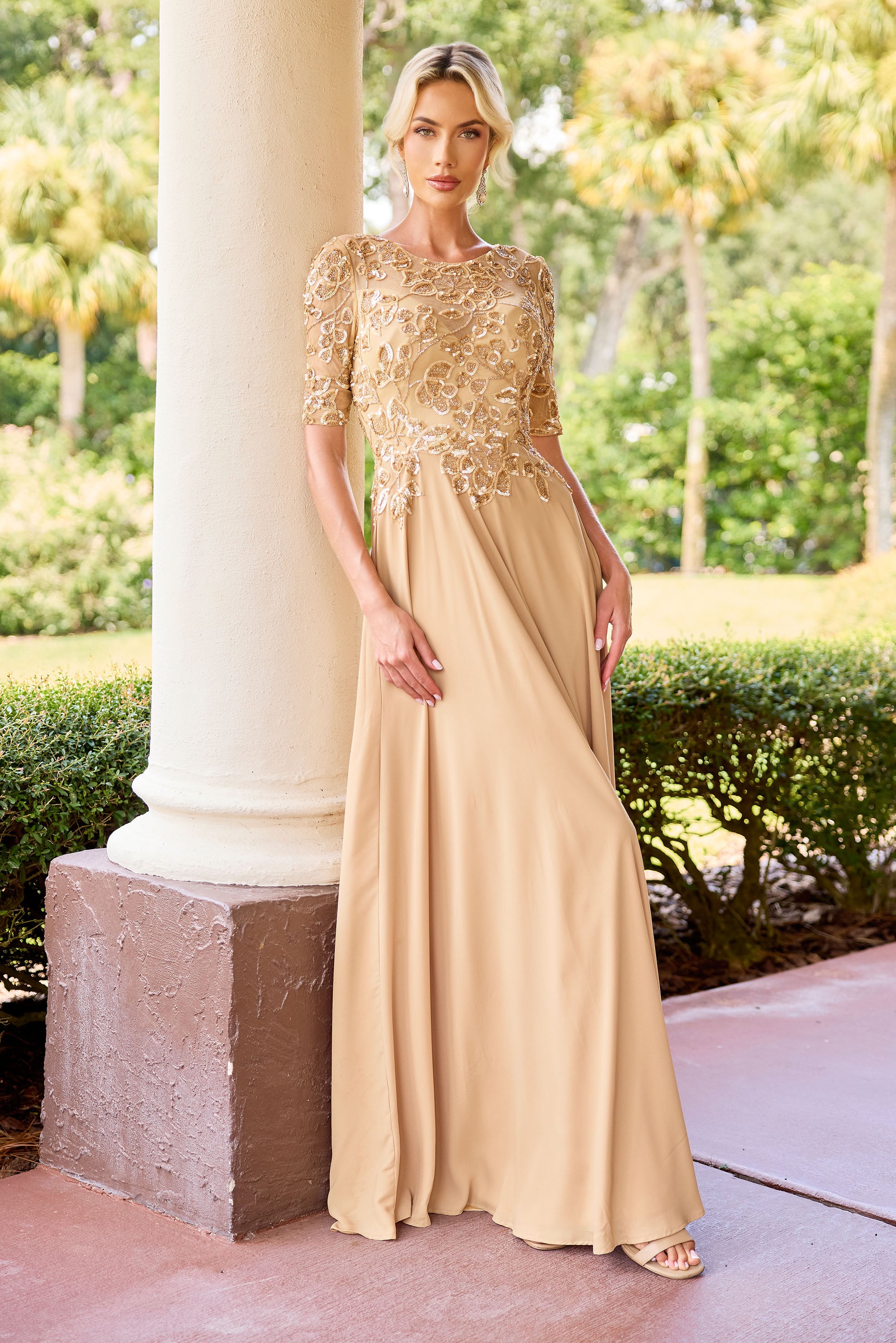 Primavera Couture -13171 A line gown with Sequin and beaded work.