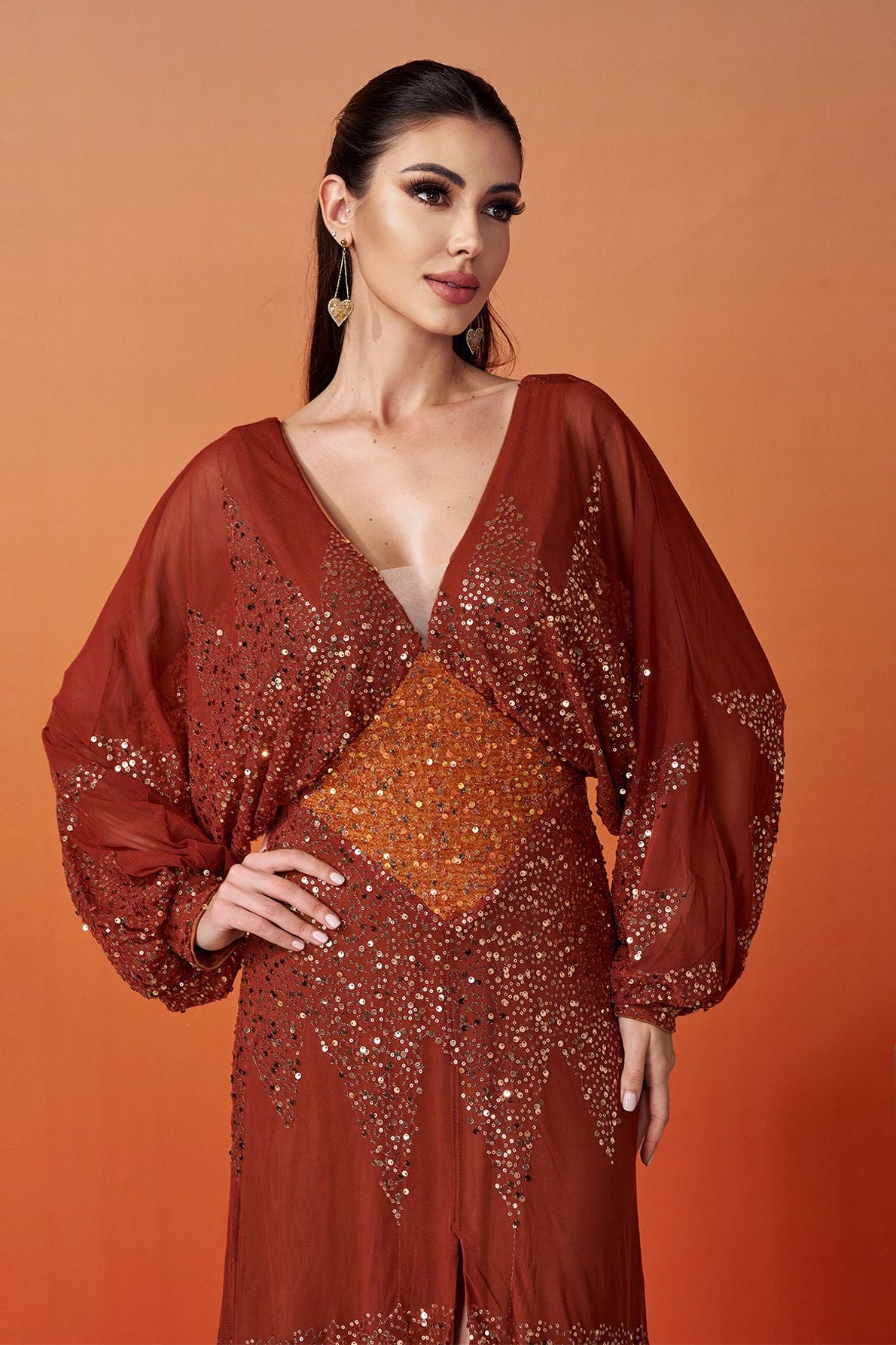 Azina -RM21107 V-Neck Sleeve Sequin Gown
