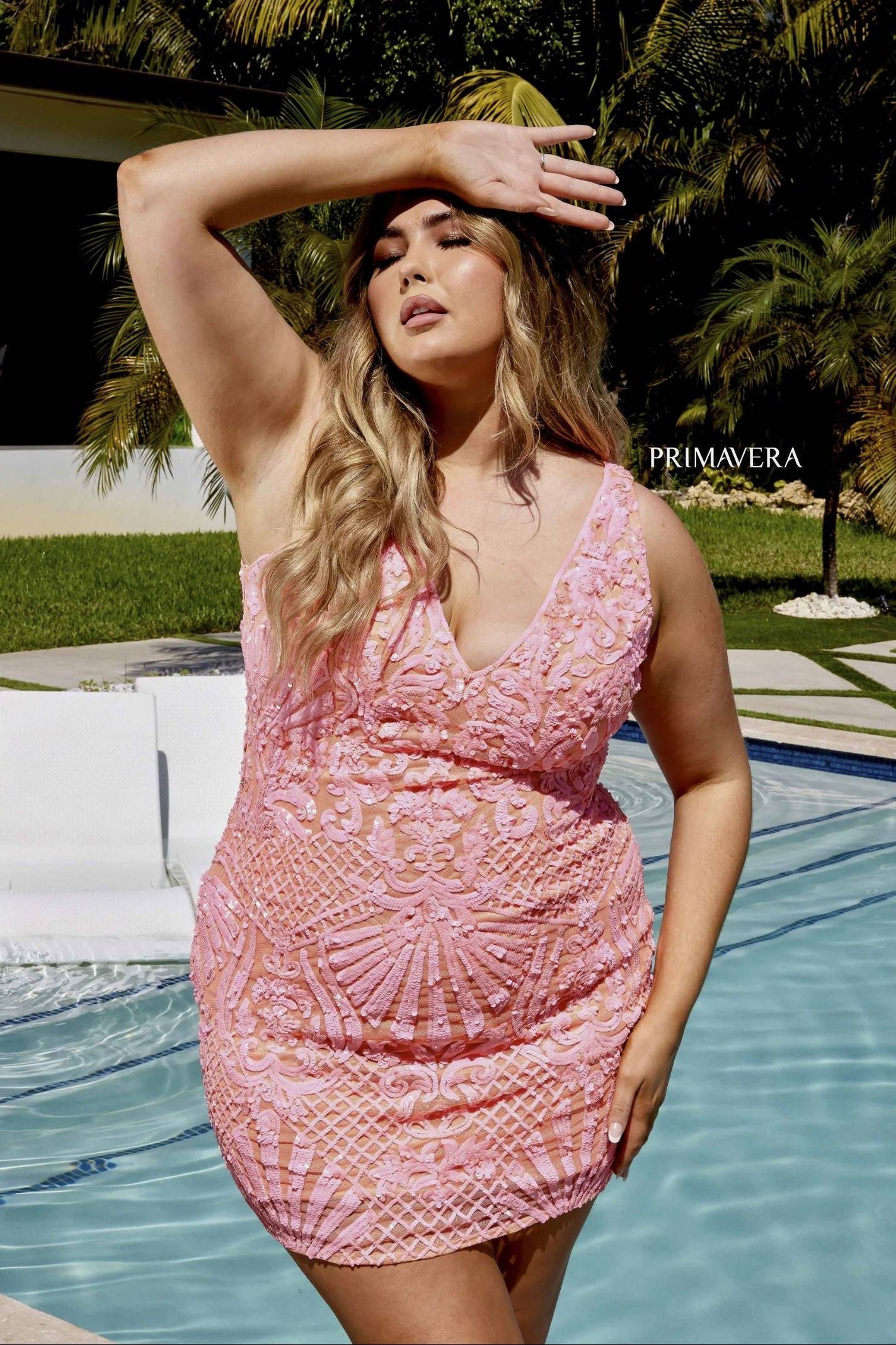 Primavera Couture -14024 Curved Embellished V-Neck Cocktail Dress