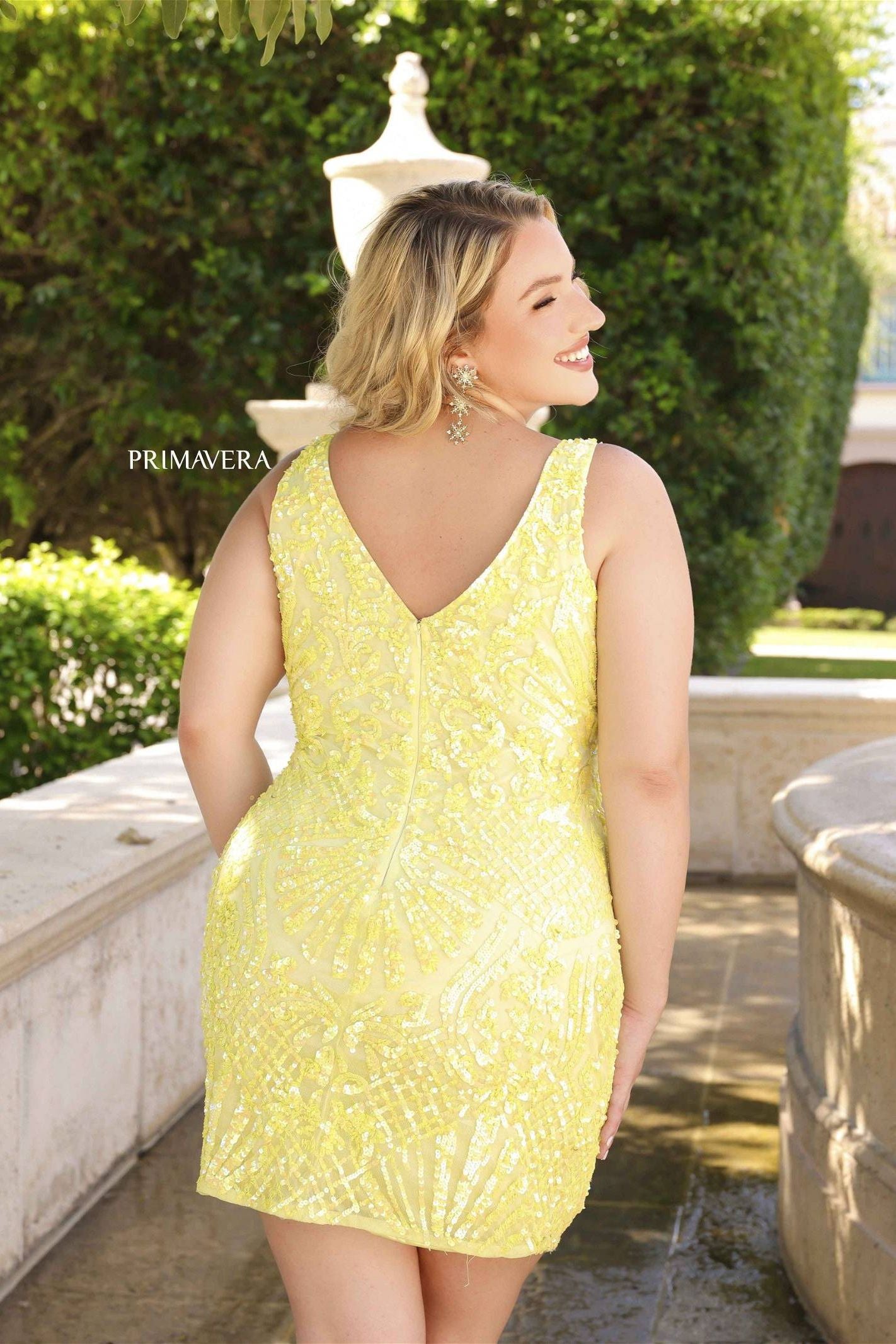 Primavera Couture -14024 Curved Embellished V-Neck Cocktail Dress
