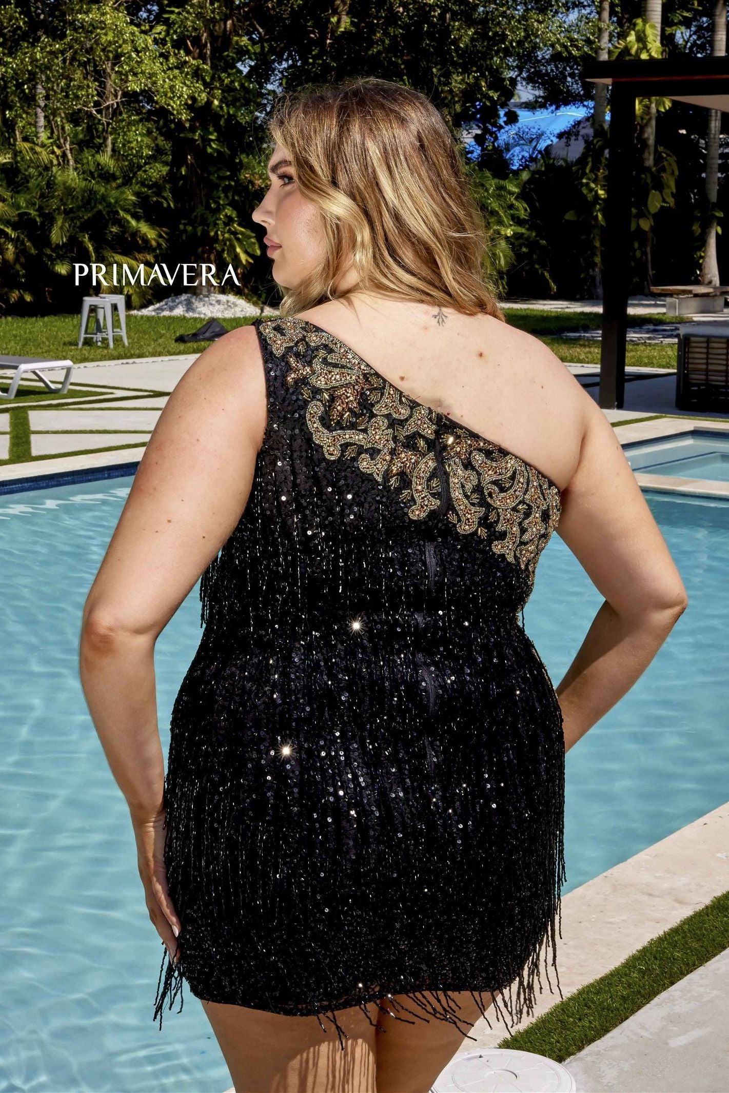 Primavera Couture -14026 Curved One Shoulder Sequin Cocktail Dress