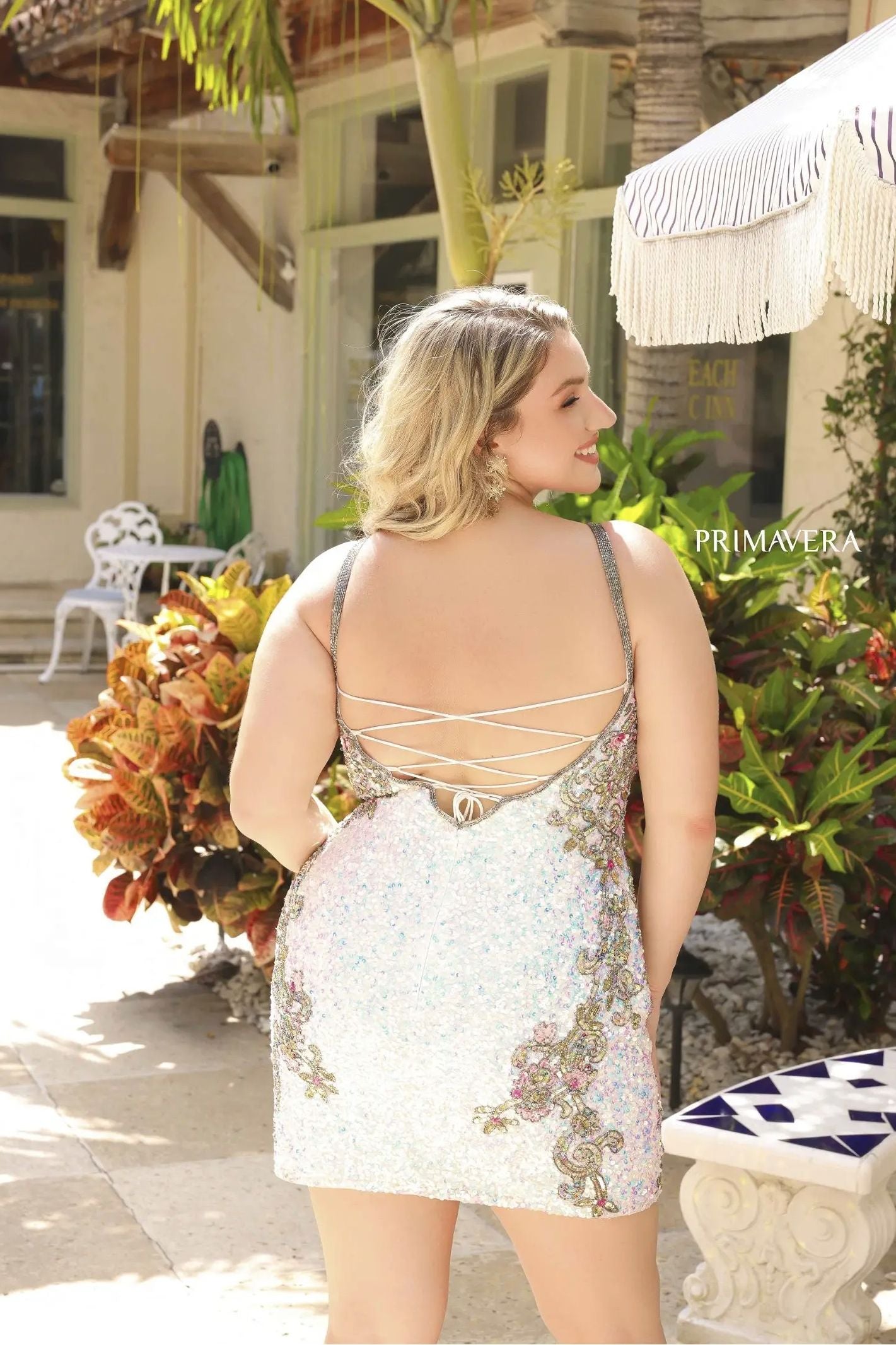 Primavera Couture -14029 Curved V-Neck Embroidered Cocktail Dress