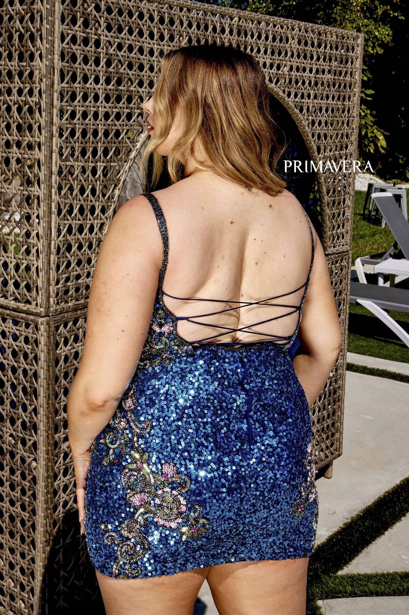 Primavera Couture -14029 Curved V-Neck Embroidered Cocktail Dress
