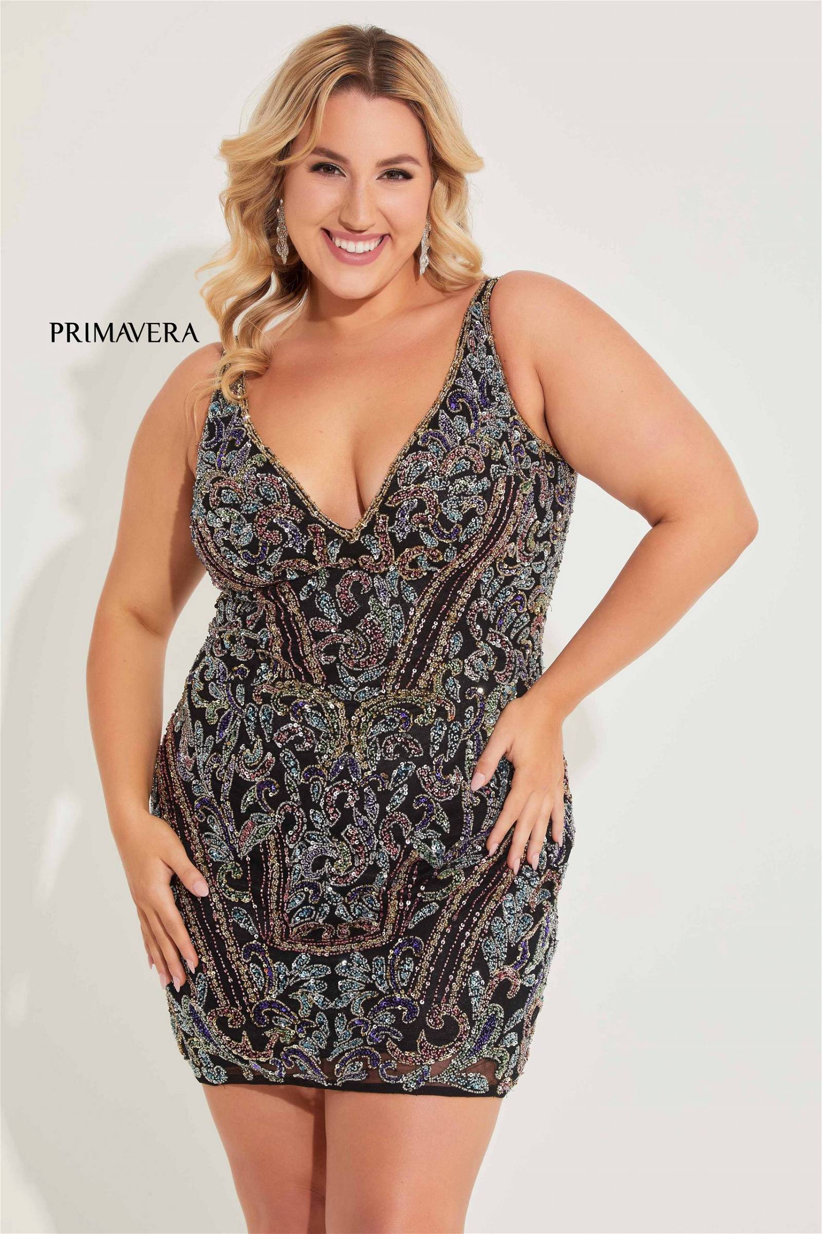 Primavera Couture -14065 V-Neck Beaded Sequin Curved Short Cocktail Dress
