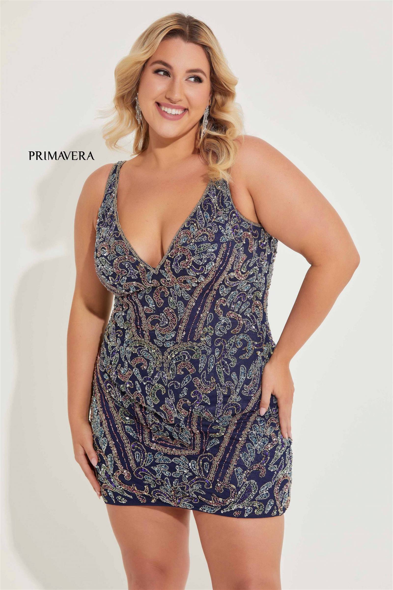 Primavera Couture -14065 V-Neck Beaded Sequin Curved Short Cocktail Dress