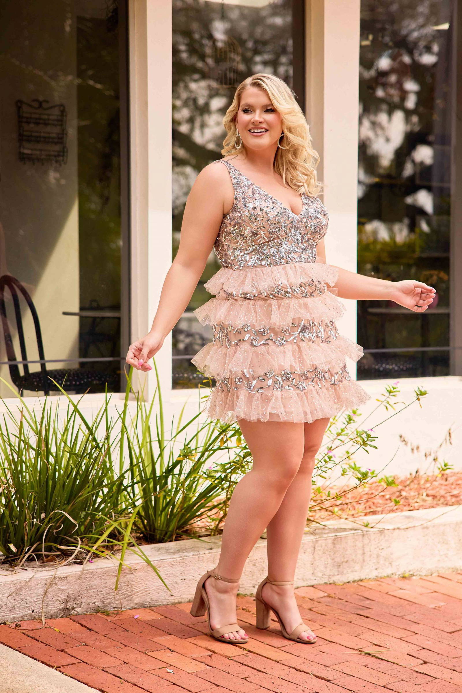 Primavera Couture -14092 Tiered Sequin Sleeveless V-Neckline Ruffled Short Dress