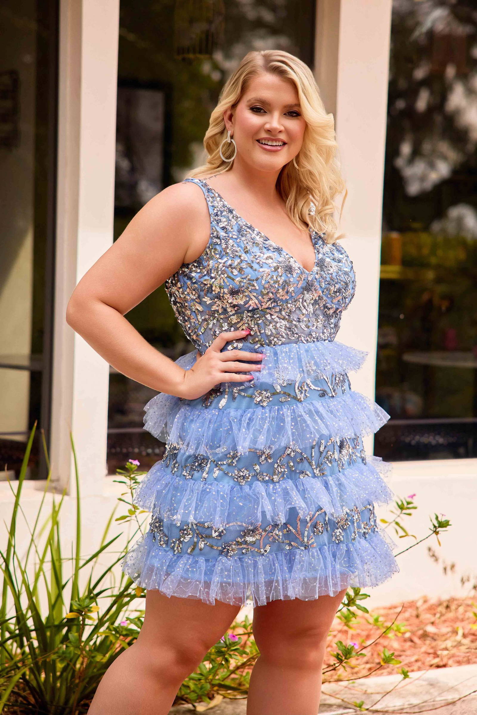 Primavera Couture -14092 Tiered Sequin Sleeveless V-Neckline Ruffled Short Dress